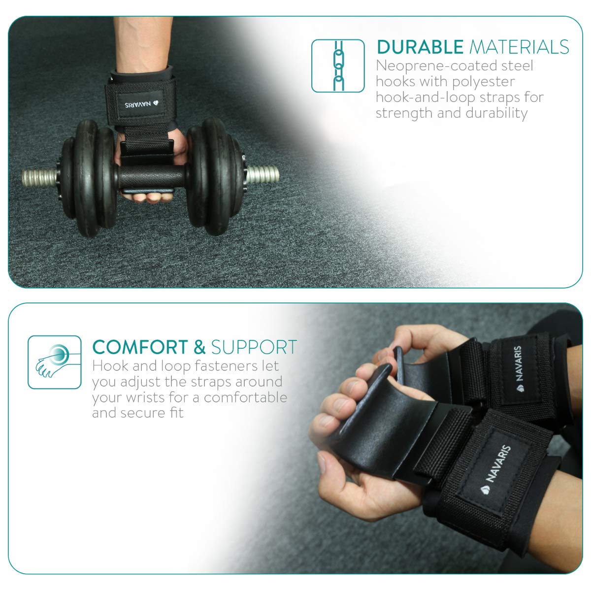 Navaris Weight Lifting Hook Straps - Pair of Weightlifting Wrist Support Straps with Hooks - Neoprene Wrist Grips for Deadlifts, Chin Ups, Training 1