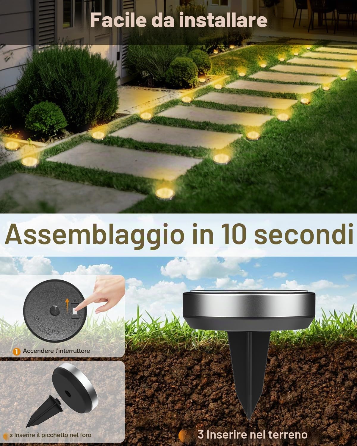 btfarm 10 Pezzi Luci Solari da Giardino, 8 LED Faretti Sepolta Solari a Led da Esterno, Lampade Solare da Terra IP65 Impermeabile per Cortile Prato Vialetto Scala Strade Paesaggio, Bianco Caldo