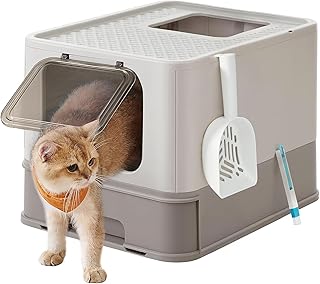 Feandrea Katzenklo, Katzentoilette, mit Deckel, ausziehbares Tablett, Schaufel, Bürste, für Katzen bis 15 kg, weniger Spuren, auslaufsicherer Boden, haferflockenfarben-warmgrau PPT001G01
