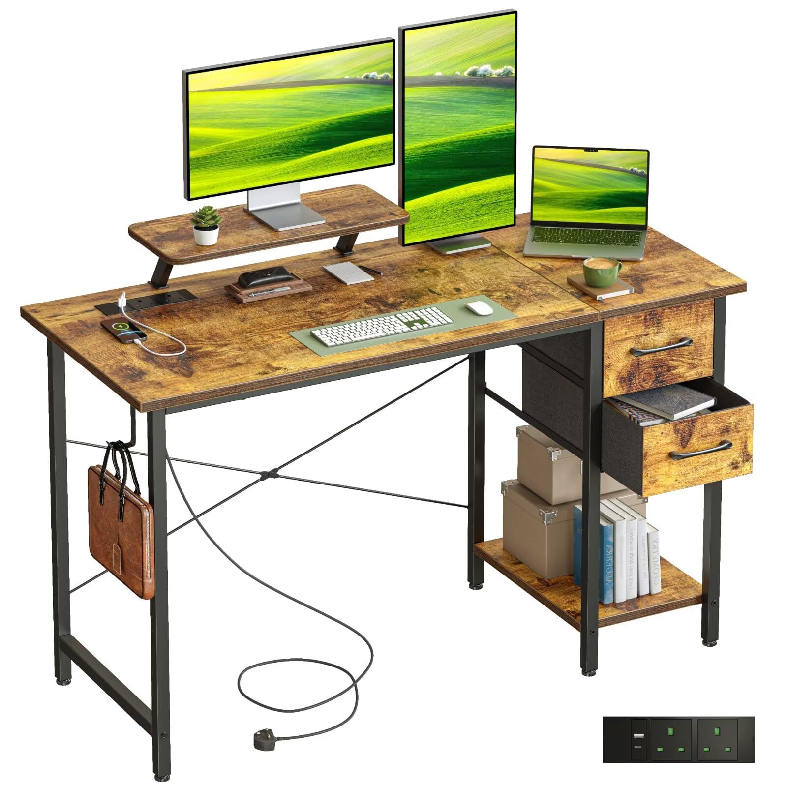 DOMSHOCT Computer Desk with Drawers & Power Outlets, 120*50cm Home Office Desk with Monitor Stand, Gaming Table with Reversible Storage Shelf & Hook, Small PC Workstation for Study Work Write, Brown