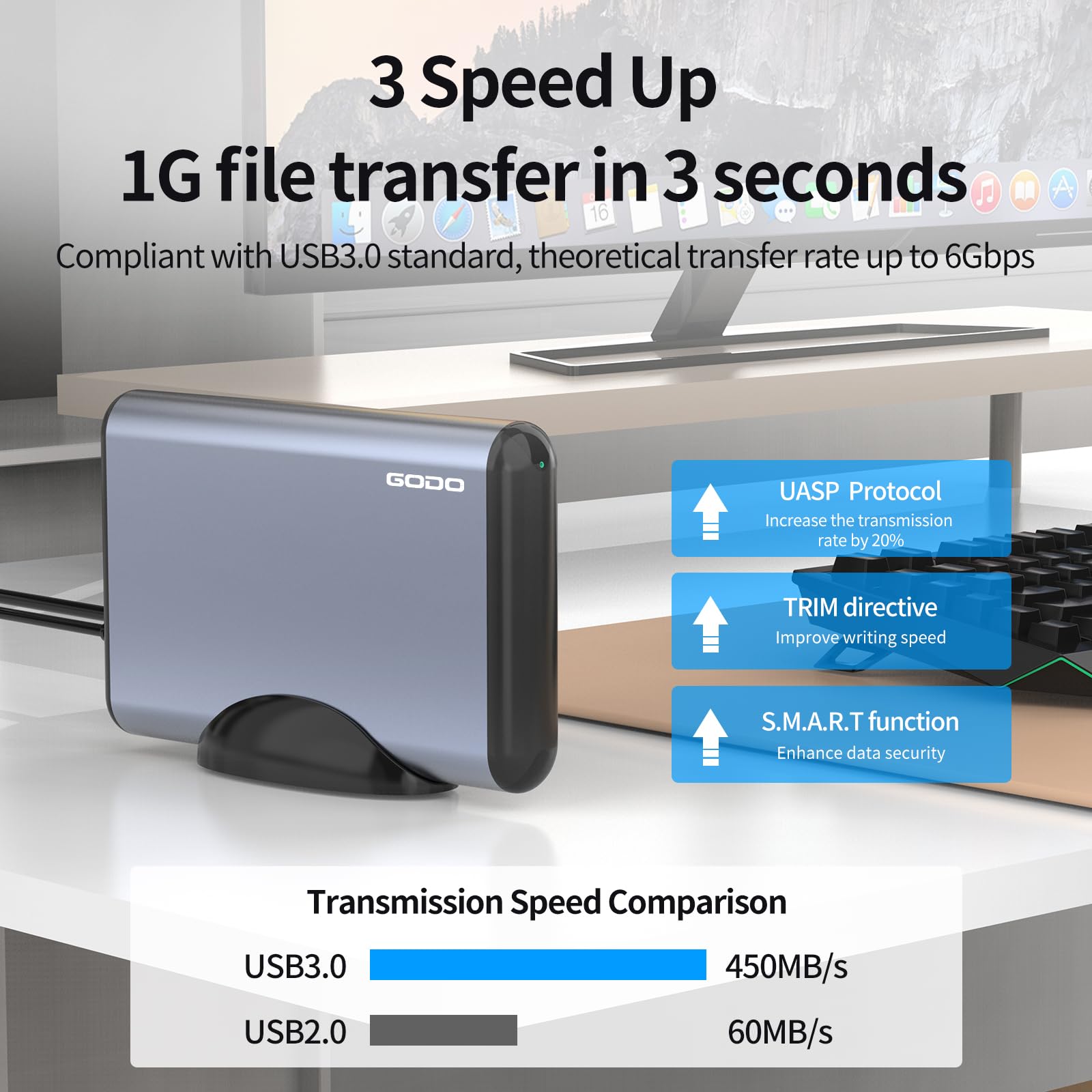 GODO Boîtier de disque dur externe 3,5" 2,5 3,5" SATA HDD USB 3.0 vers aluminium HDD avec support, prise en charge UASP, adaptateur d'alimentation 12 V de type C 18 To-gris, peut prendre en charge une