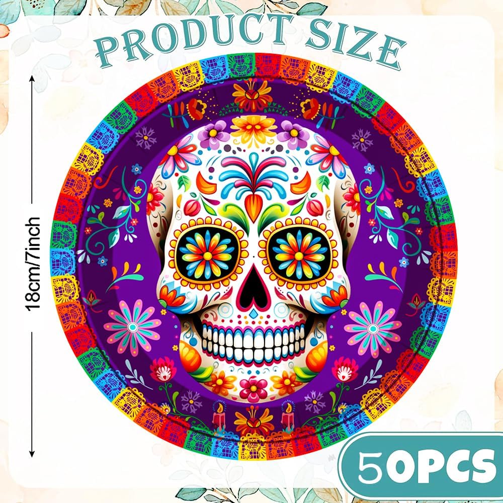 50Pcs Day of the Dead Party Supplies,7Inch Day of the Dead Plates Purple Sugar Skull Dessert Plates,Dia De Los Muertos Birthday Party Decorations (Purple) image 2