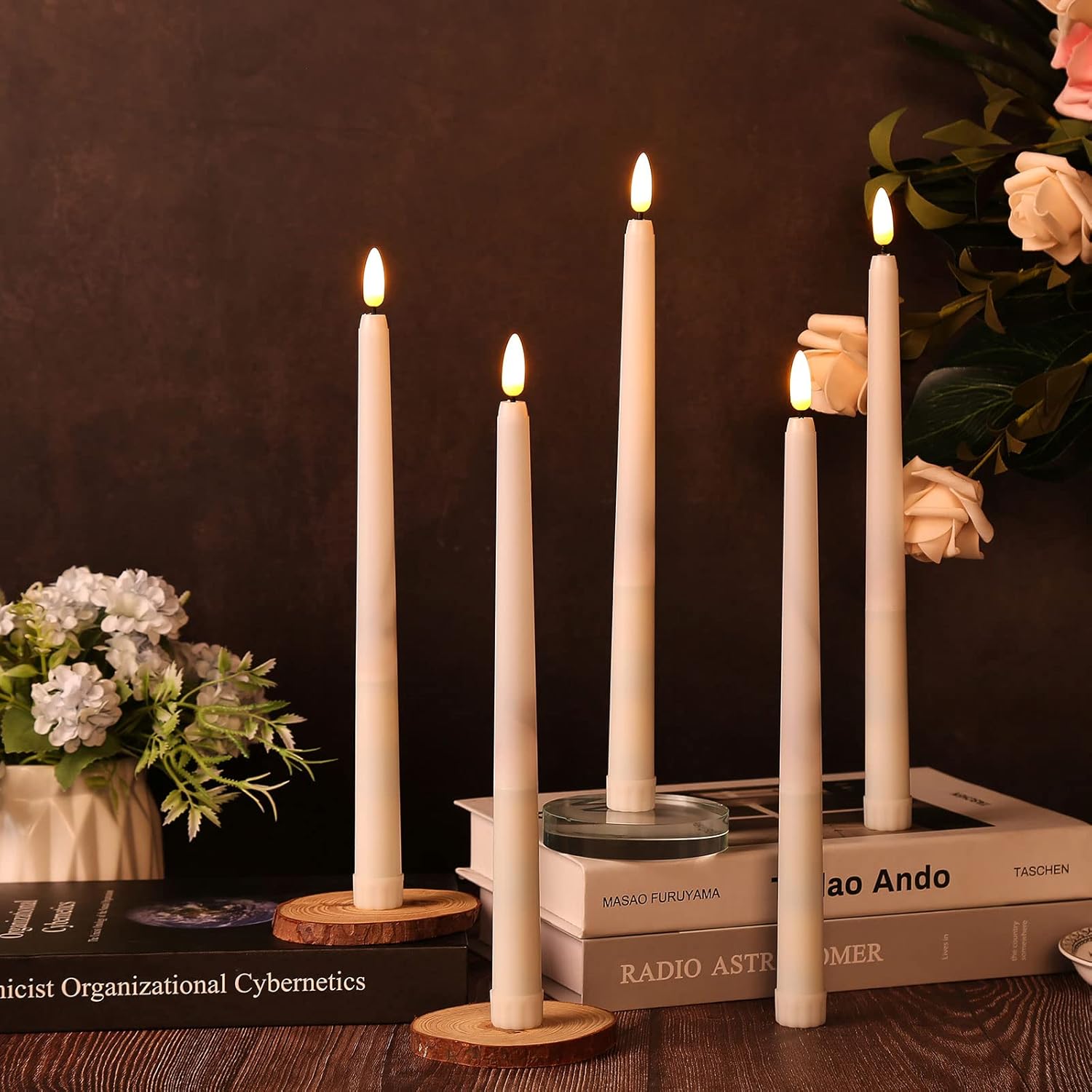 IMAGE Rechargeable Flameless Taper Candles with Remote, 12 Pcs LED Candlesticks 3D Wick Ivory Taper with Timer Flickering Function for Home, Wedding, Birthday Halloween Christmas Church, Warm White