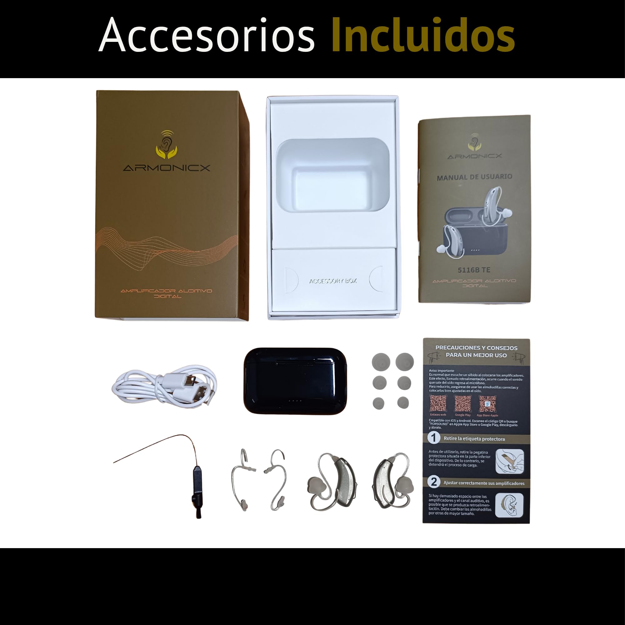 Amplificador Auditivo Recargable - Amplificador de Sonido para Mayores Inalámbrico con Bluetooth para Llamadas y Música y APP Móvil, 16 Canales de Nueva Generación, Invisible, Manual y APP en Español
