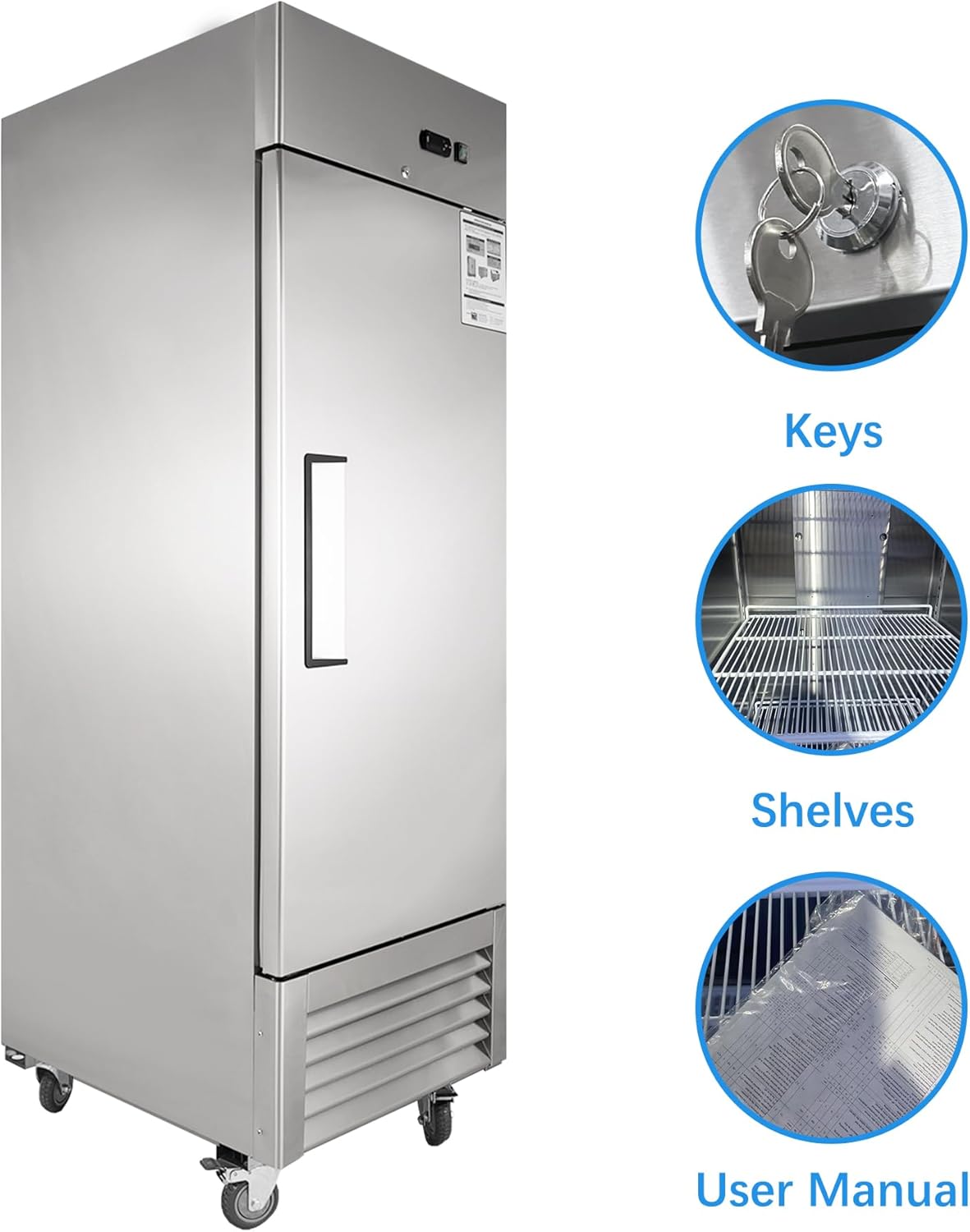 JINSONG 27" Commercial Freezer with Single Solid Door, 23 cu.ft Stainless Steel Reach-in Freezer for Restaurant, Bar, Shop, Residential, with 4 Shelves and 4 wheels