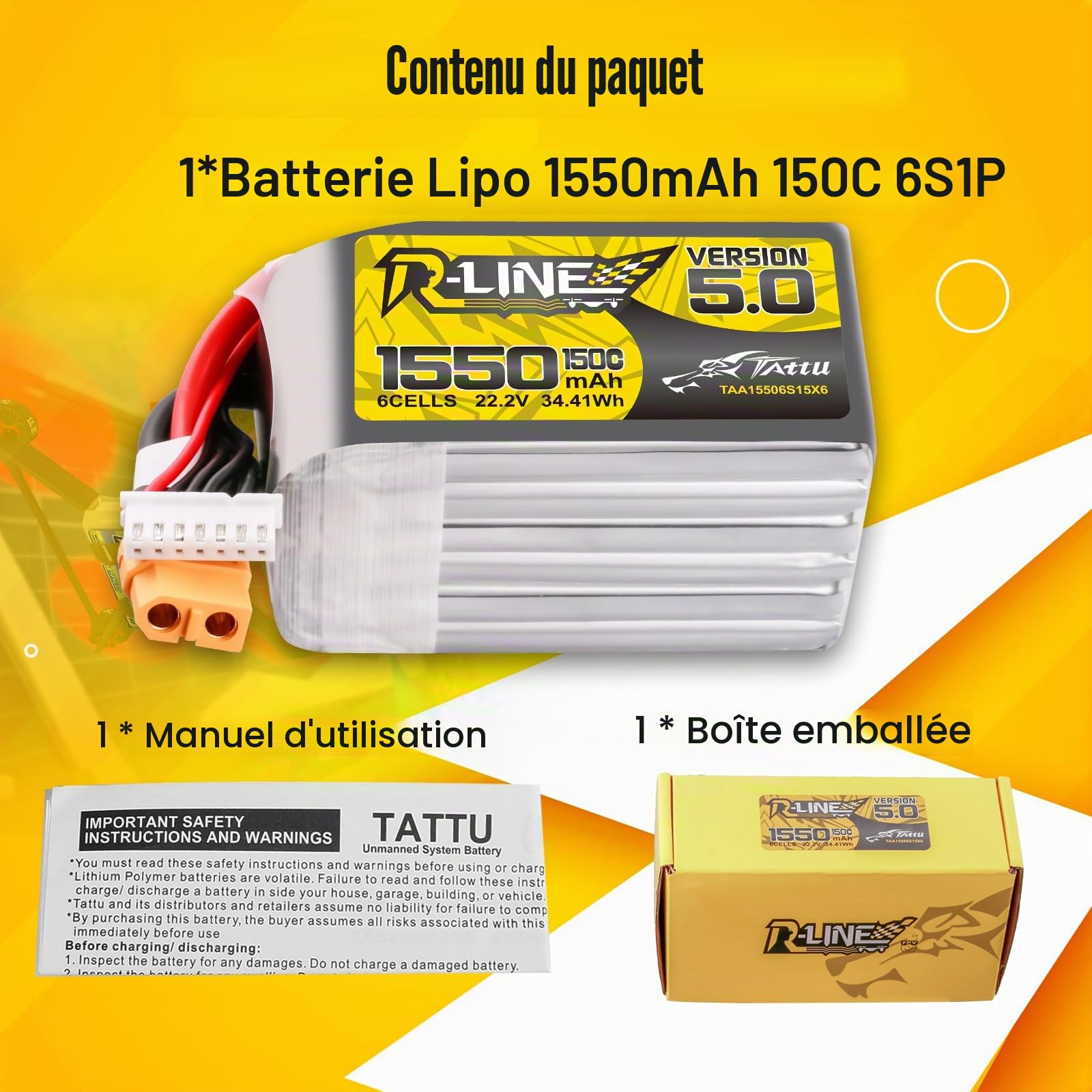 Tattu 6S Lipo Batterie 1550mAh 22.2 V 150C avec connecteur XT60 pour compétitions Professionnelles FPV Racing