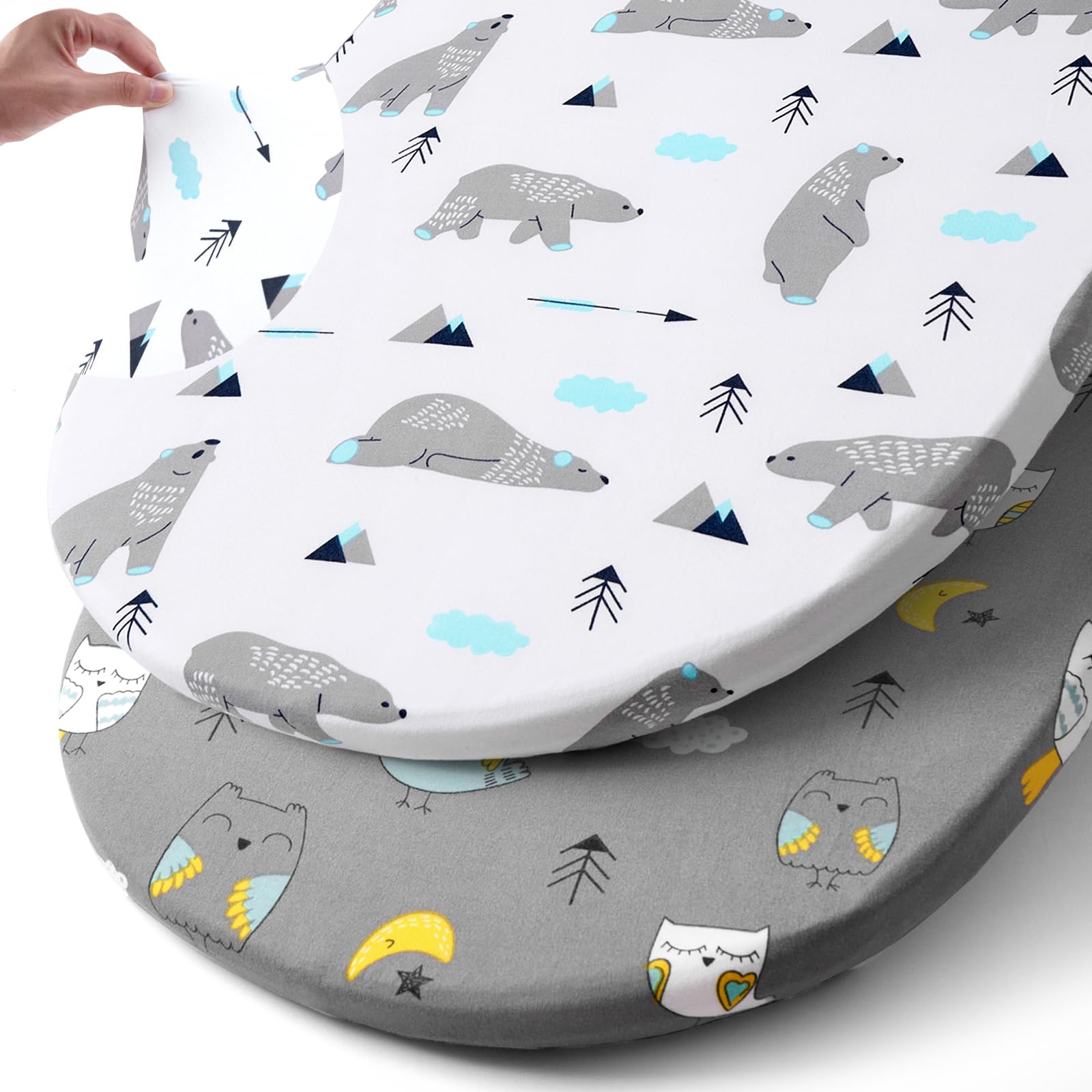 BROLEX Stretchy Bassinet Sheet Set 2 Pack Snug Fitted Cradle Fitted Sheets for Bassinet Pads/Mattress, for Boys Girls,Unisex,Ultra Soft Breathable,Owl Bear