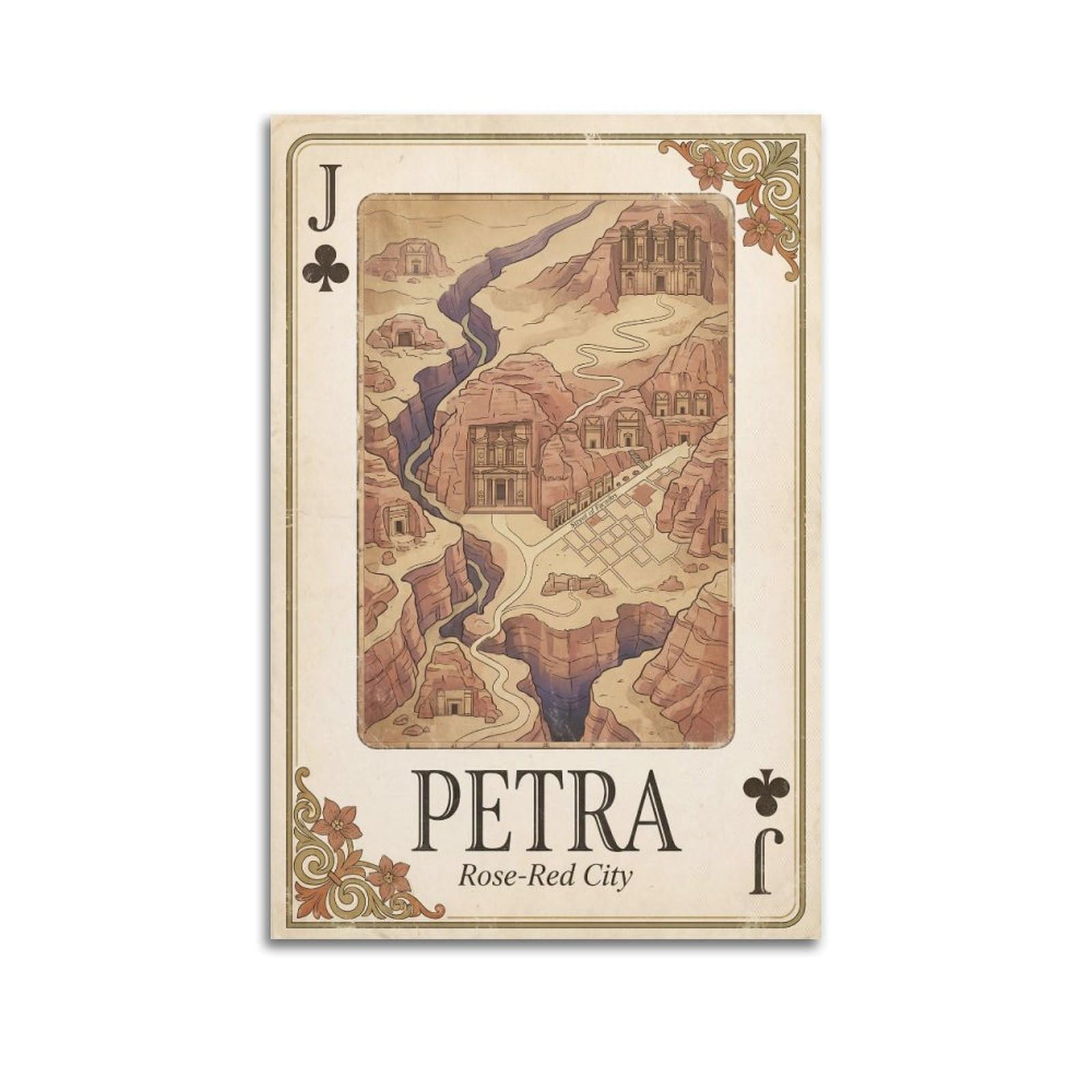 OKNGB Vintage City Map Poster Petra Jordan Rose City Playing Card Style Decorative Painting Canvas Art Picture 12x18inch(30x45cm)