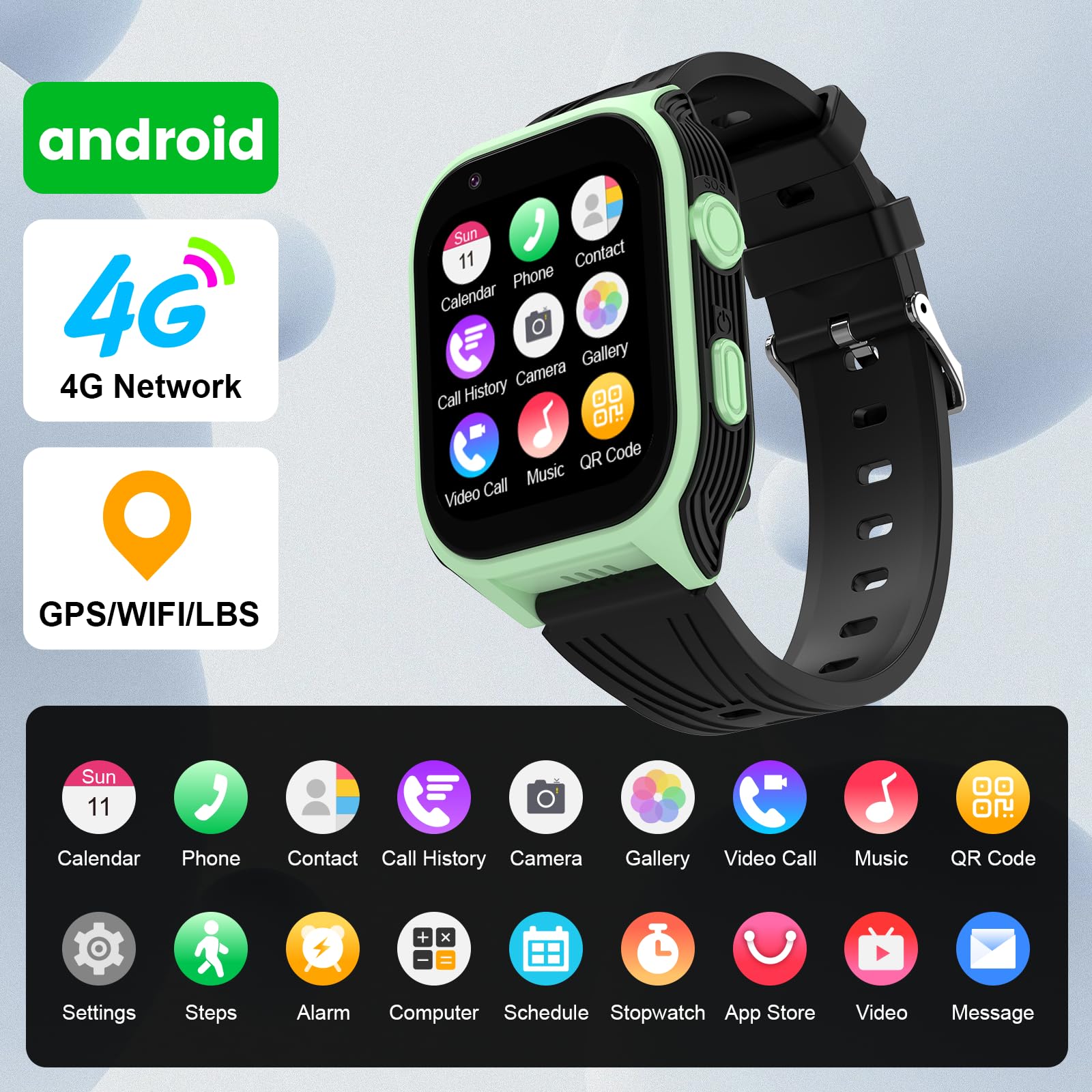 Reloj inteligente 4G seguro para niños con rastreador GPS Whatsapp de 1.8 pulgadas, pantalla táctil grande, WiFi, llamadas, chat de video por voz, SOS, Bluetooth, alarma, podómetro, música, reloj
