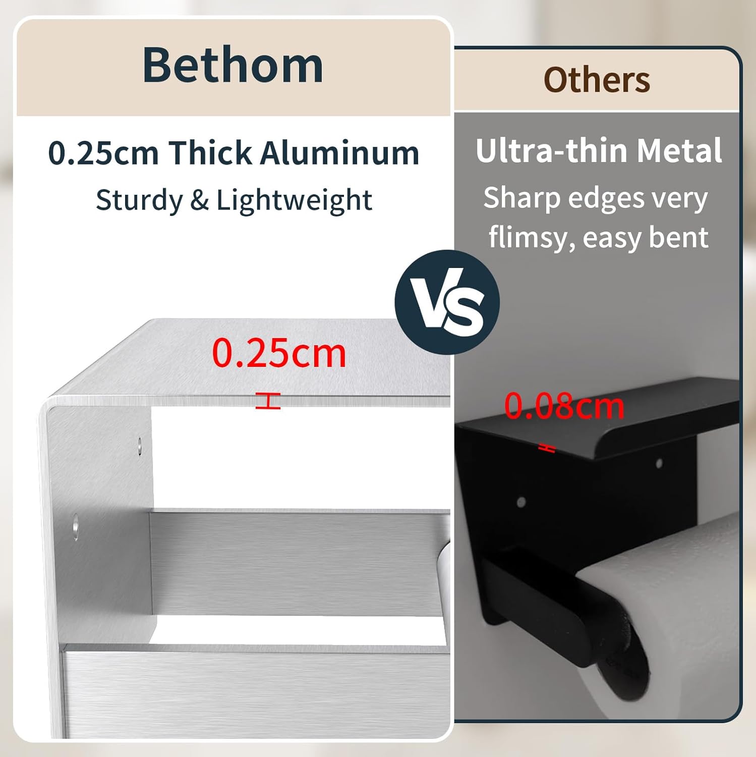 Bethom Toilet Paper Holder with Shelf, Toilet Paper Holder Wall Mount Adhesive for Bathroom Washroom RV with Spring Rod, Brushed Nickel