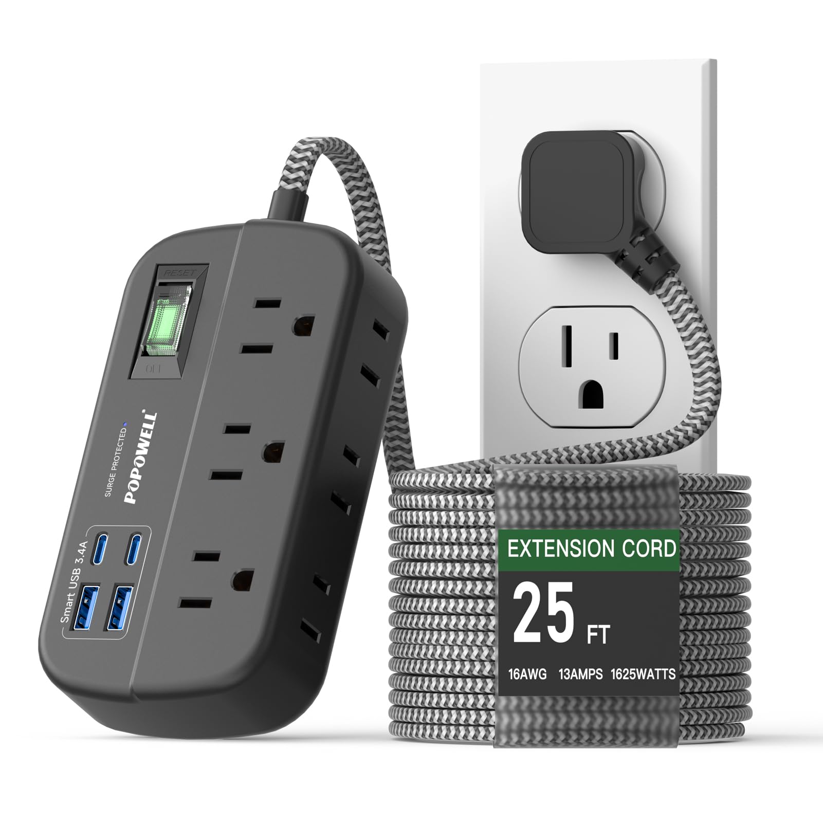 25 FT Flat Extension Cord, Power Strip with Surge Protection- 6 Widely Outlets 4 USB Ports, Flat Plug, Wall Mount Outlet Extender, 1080J Multiple Outlets for Indoor Home Office, Dorm Room Essentials