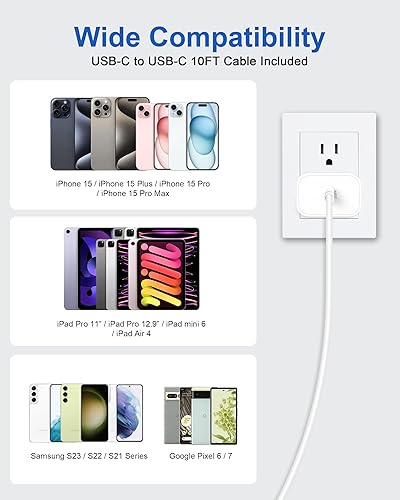Miniatura 5 de Cargador para iPhone 15 de carga rápida, paquete de 3 cables USB C de 10 pies de largo a C con bloque de carga rápida tipo C de 20 W con para iPhone