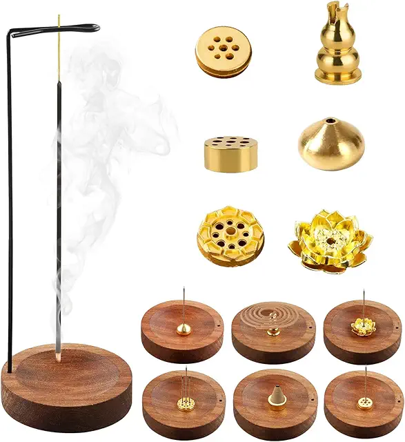 8-in-1 Wooden & Brass Incense Holder - Upside Down Design for Sticks & Cones