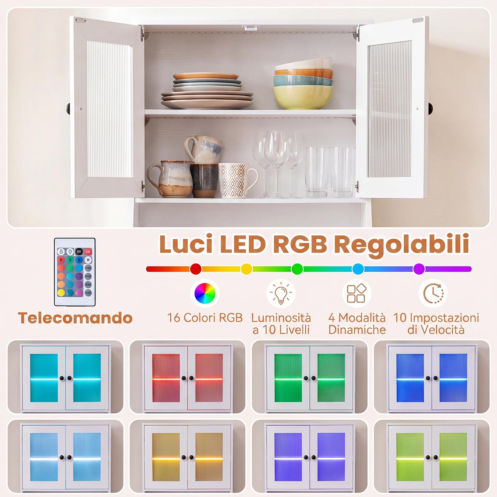 COSTWAY Credenza Alta da Cucina, Dispensa Moderna con Luci LED, Bianco
