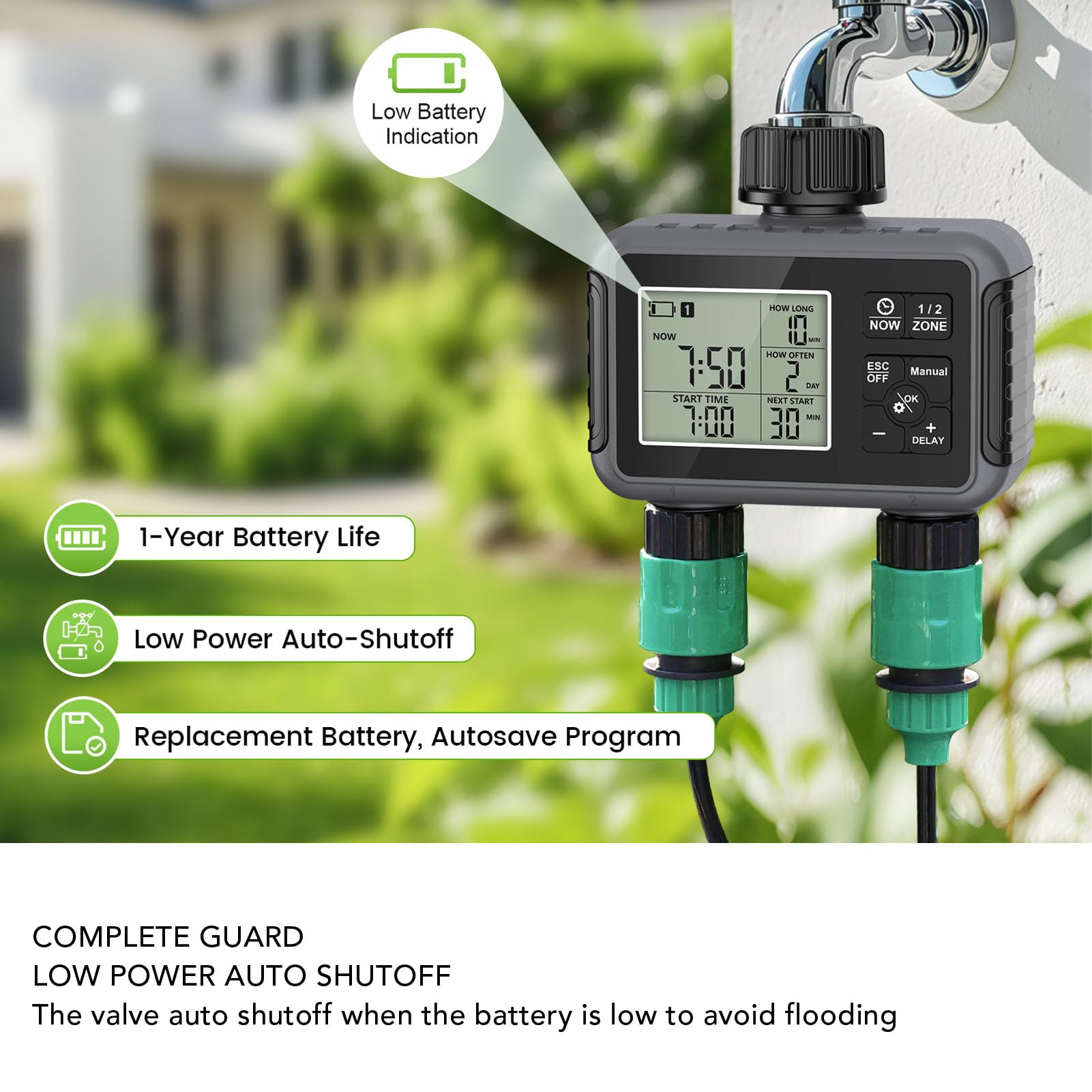 Timer per Irrigatore, Timer per Tubo dell'acqua a 2 Zone da Esterno con Display LCD e Temporizzazione Intelligente, Controller di Irrigazione del di Irrigazione Automatico per Prato e