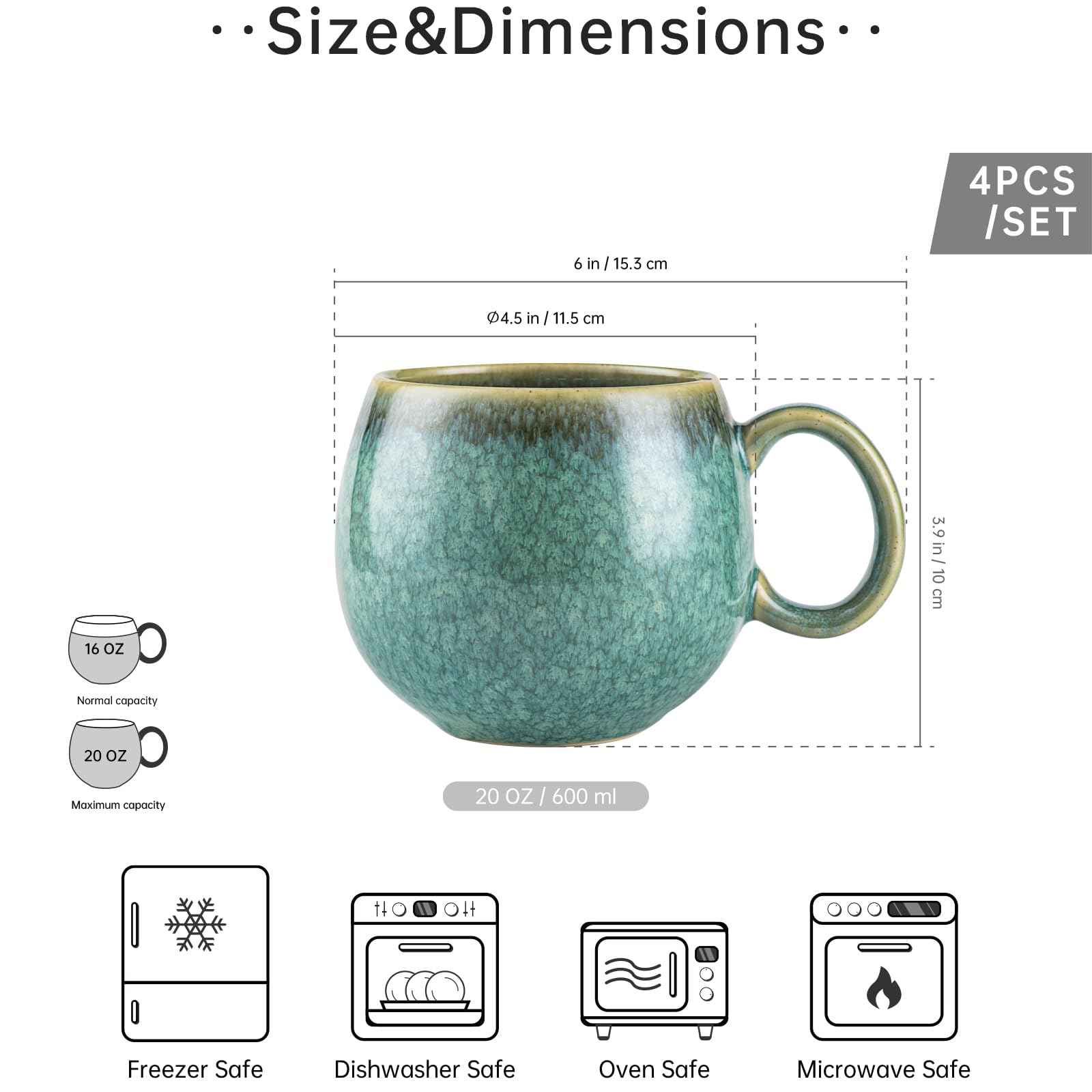 HENXFEN LEAD Cappuccinotassen Set Keramik, 600ml Kaffeetassen mit Henkel, 4er Porzellantassen für Tee Kaffee Milch Cappuccino - Glänzend Grün