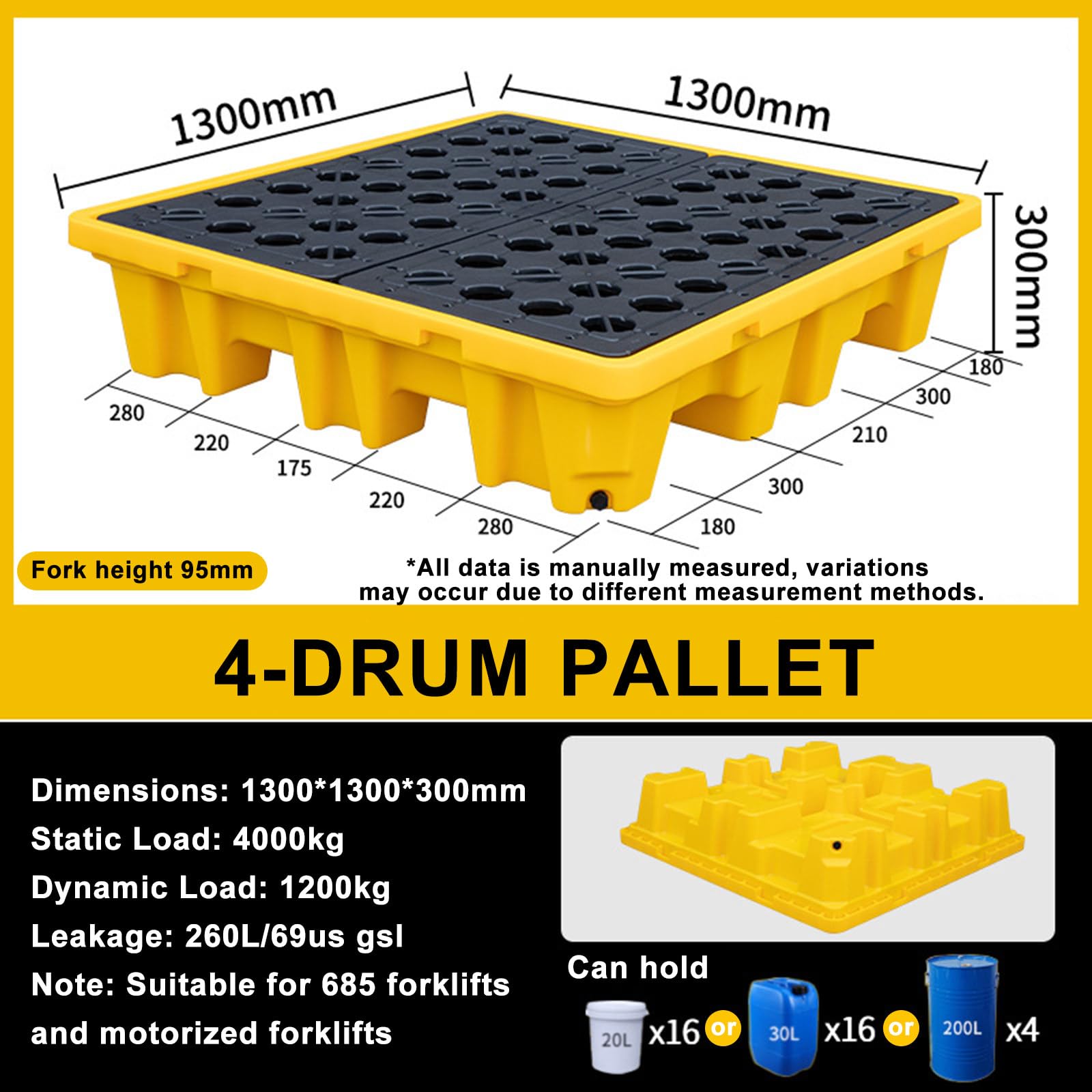 Bandeja De Contención De Derrames De Aceite, Plataforma Modular Resistente con Desagüe Y Soportes para Montacargas, Ideal para Almacenamiento En Garaje, 72 X 7,130 * 130 * 30cm
