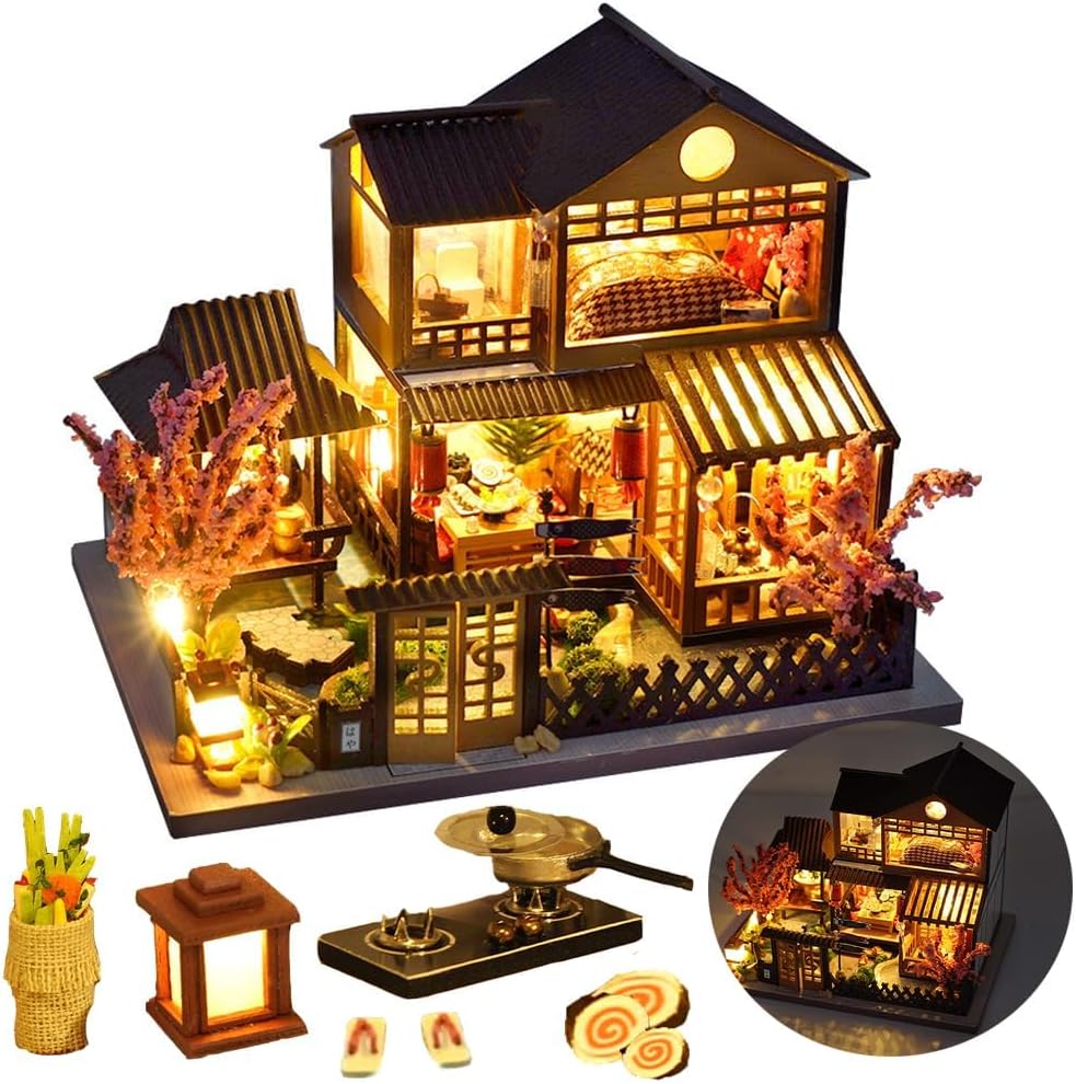 Miniature Wooden Dollhouse Japanese House DIY Doll House Kit Villa Building 3D Model Creative Gifts for Friend and Parents (Japanese Style Villa)