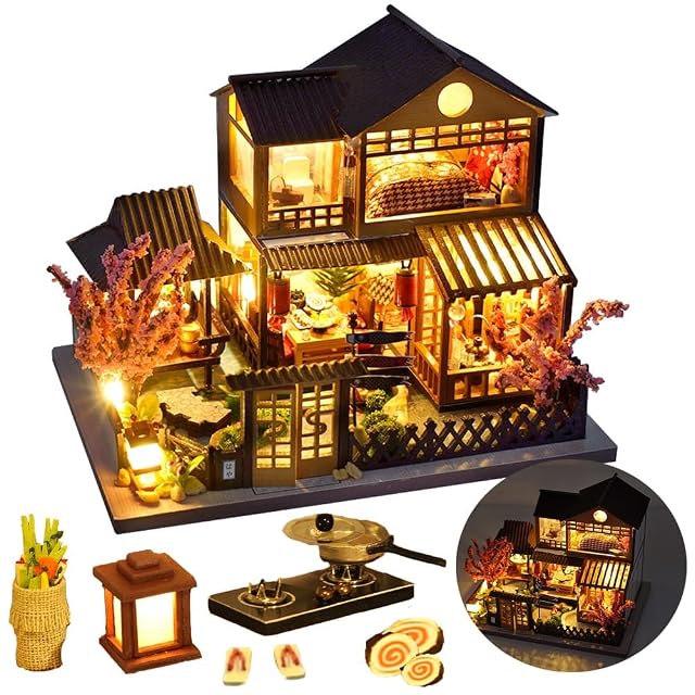 TOPBSFARNY Casa de muñecas en Miniatura de Madera con Flor de Cerezo, Patio, casa de muñecas