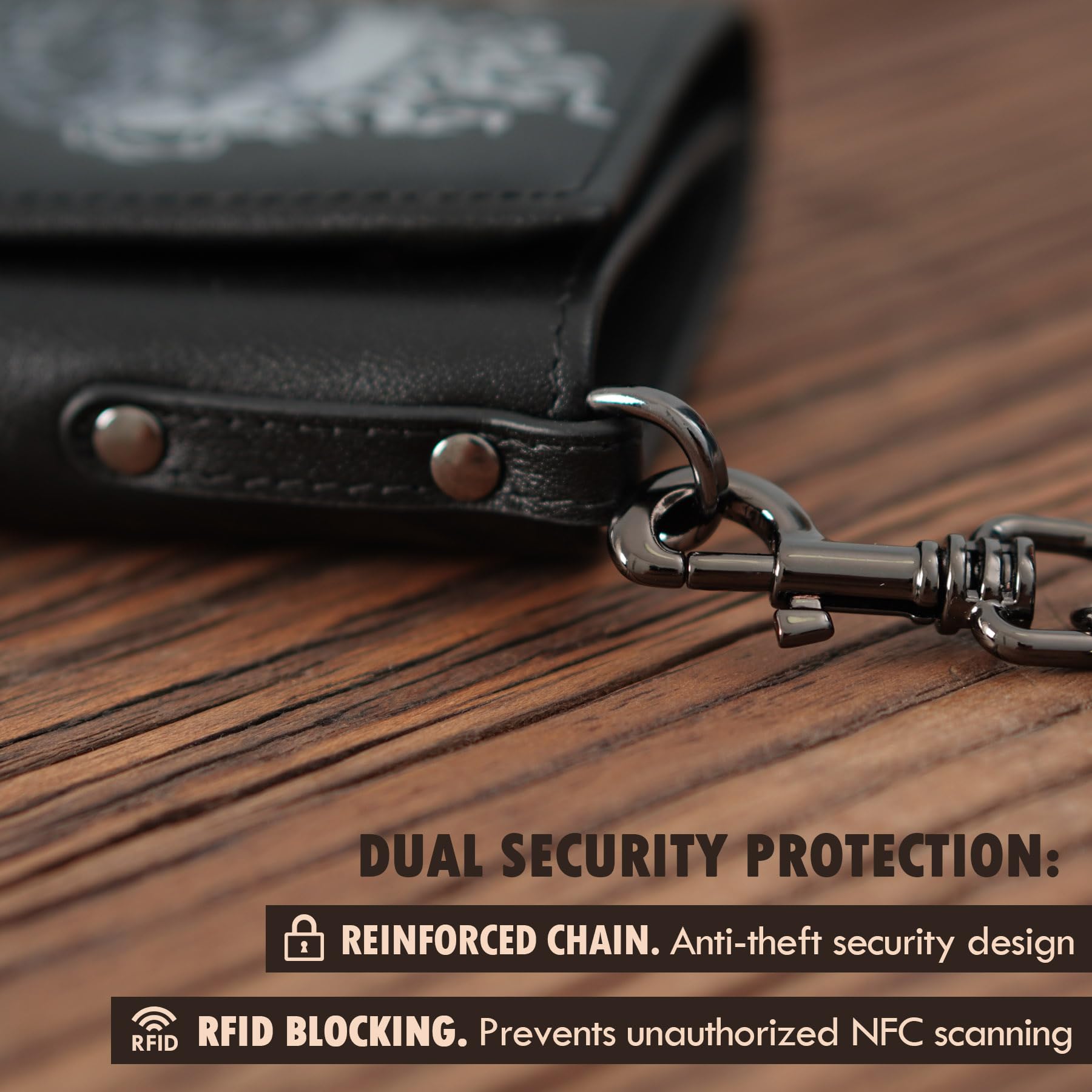 Cartera para Hombre de Cuero con Cadena, Cartera de Motero con Calavera, Portamonedas Plegable Triple para Hombres con Protección RFID, Regalo para Él (Black)