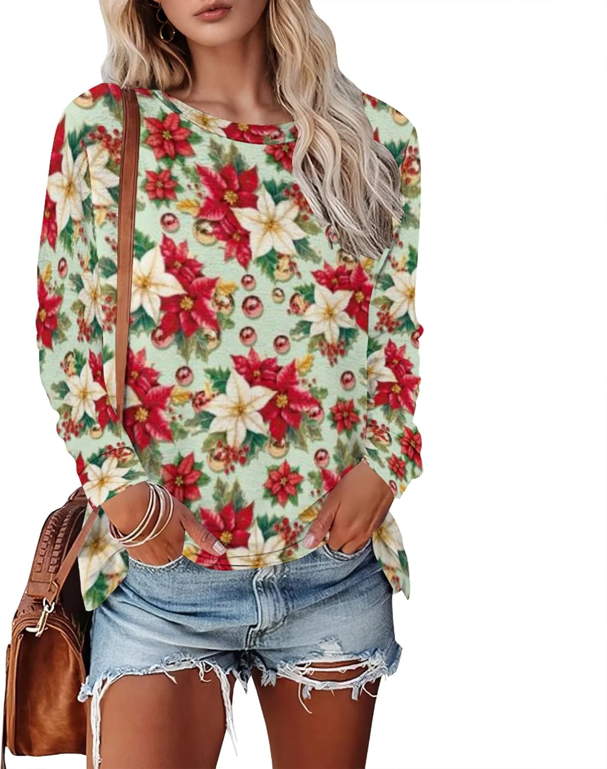 Bengbobar Merry Christmas Sweatshirts for Women Christmas Shirt Funny Santa Print Graphic Tee Casual Long Sleeve Blouse Tops