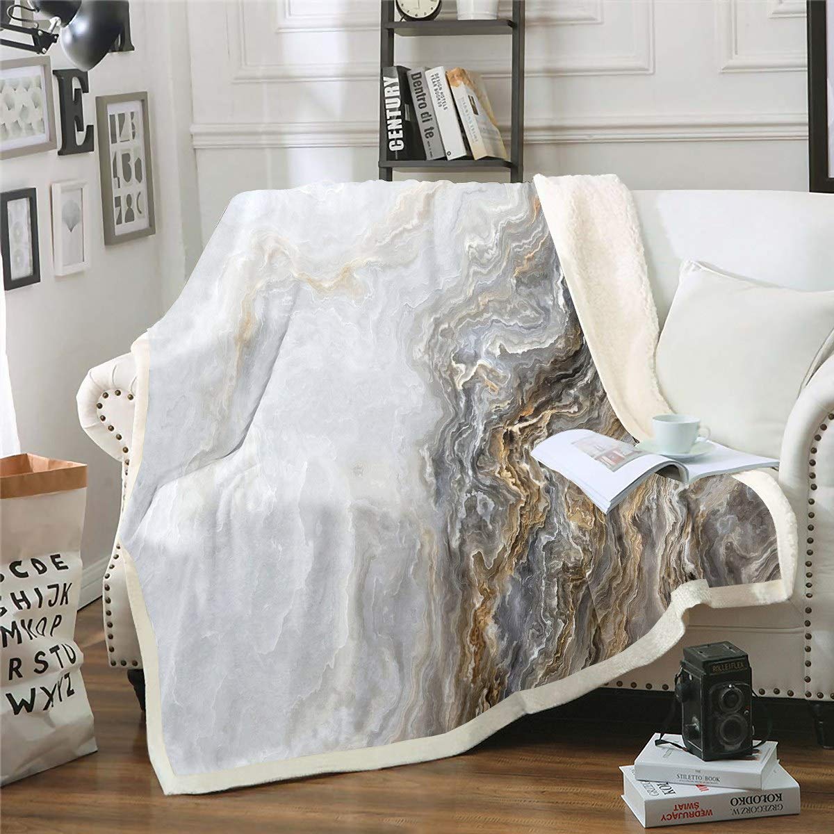 Loussiesd - Coperta in pile con stampa di marmo, motivo marmo, per