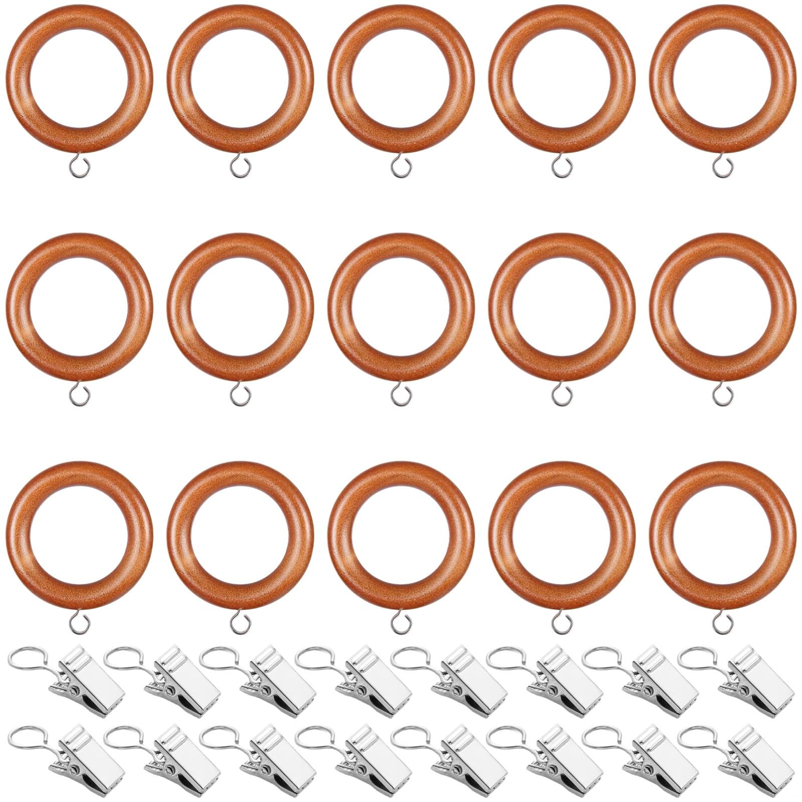 Vorhangringe mit Clips, 4,5 cm Innendurchmesser, Holz-Vorhangringe für Gardinenstangen, 24 Teak-Ringe mit Haken und 24 silberfarbene Clips, 48 Stück