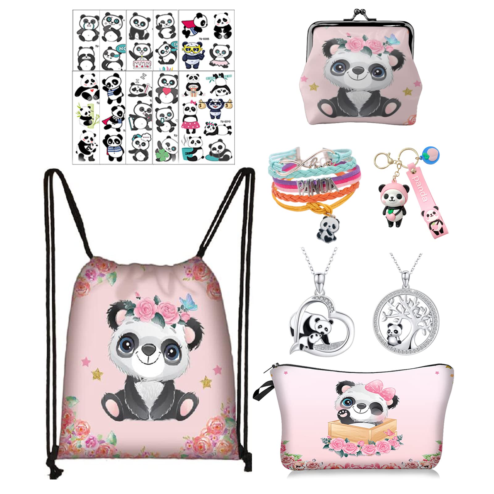 Panda Gifts for Girls - Panda Drawstring Backpack/Makeup Bag/Coin Purse/Bracelet/Necklace/Keychain/Sticker, Birthday Decorations for Teen Girls(GR-Panda)