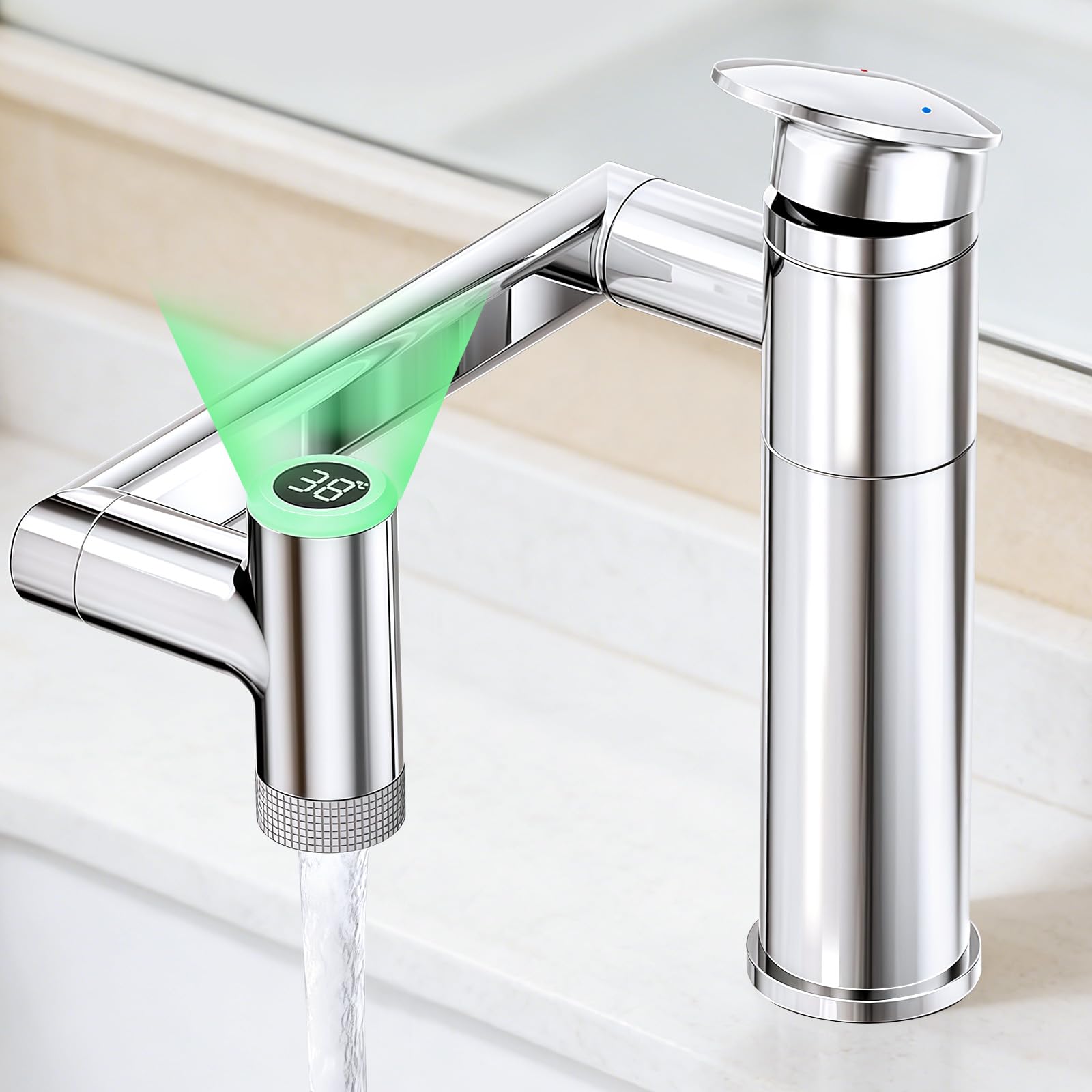 Grifos de baño, grifo de baño con indicador de temperatura, grifo mezclador de lavabo giratorio 1080°, grifo de lavabo, altura ajustable, grifo monomando (batería)