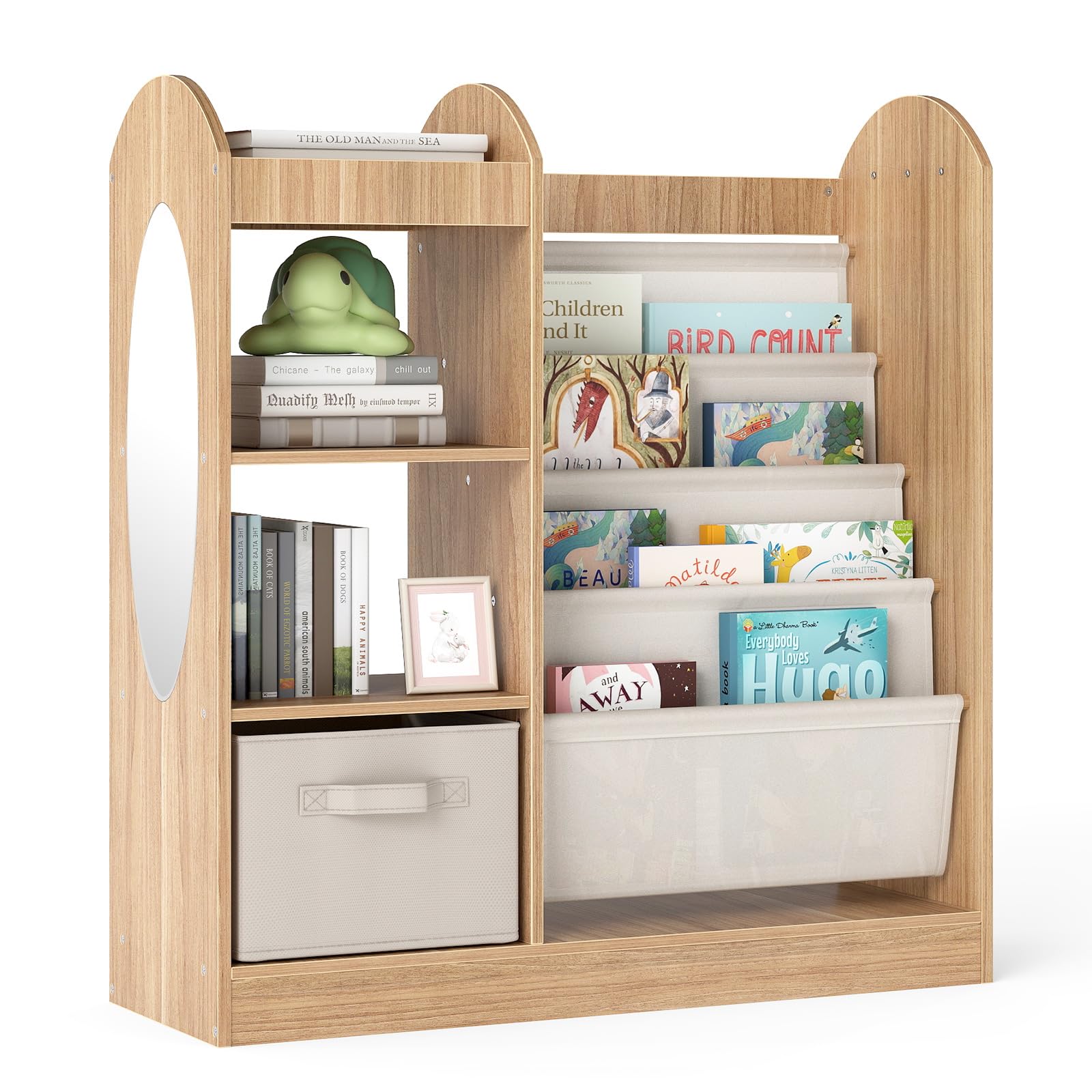 COSTWAY Children's Bookcase, Children's Bookcase with Full Length Mirror, Drawer and 4 Tier Fabric Shelves, Montessori Playroom Bookcase for 3+ Year Old Children (Natural)