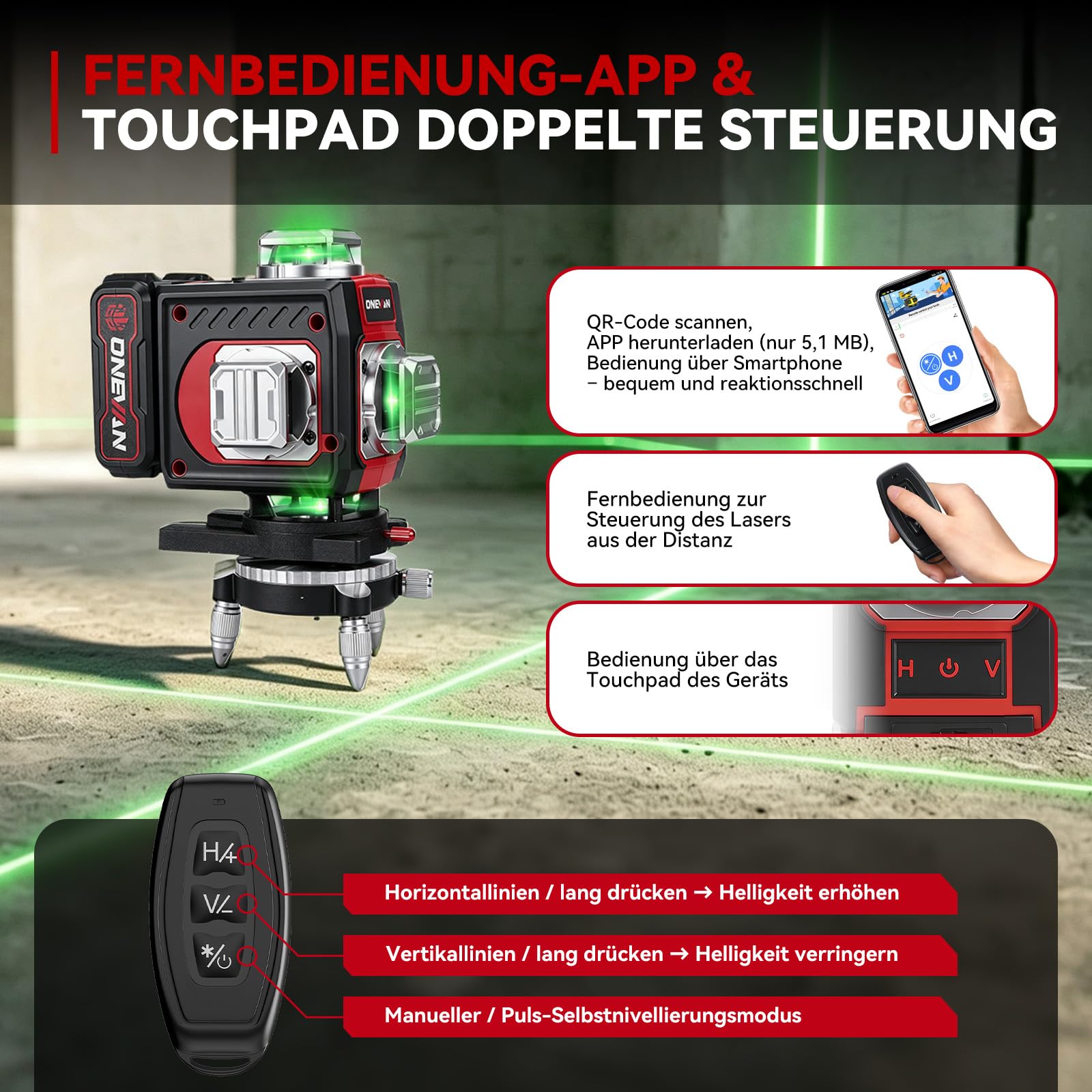 ONEVAN Nivelador Laser con Tripode, Autonivelación, 360° 4D Láser Verde | Autonivelación ±3°, 30m mando a distancia, pantalla LCD, con 2 baterías 4800mAh, para trabajos de montaje y pavimentación