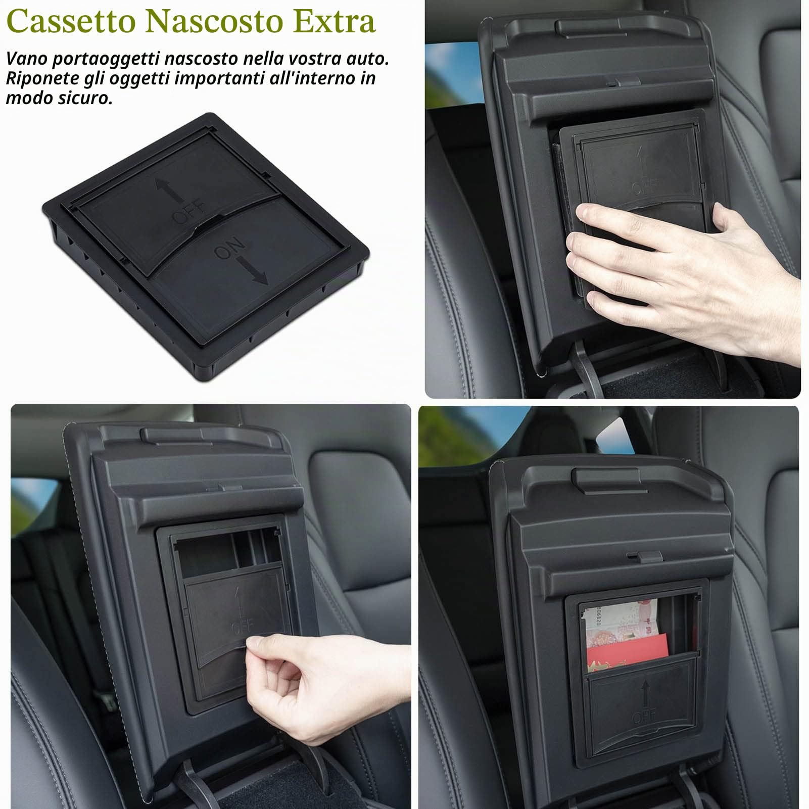 [3 pezzi]Vassoio Organizer Console Centrale Scatola di Immagazzinaggio Floccata per Accessori Tesla Model 3 Y 2023 2022 2021, Bracciolo Cassetto Cubby Nascosto per Contanti, Vetro, Monete, Telefono