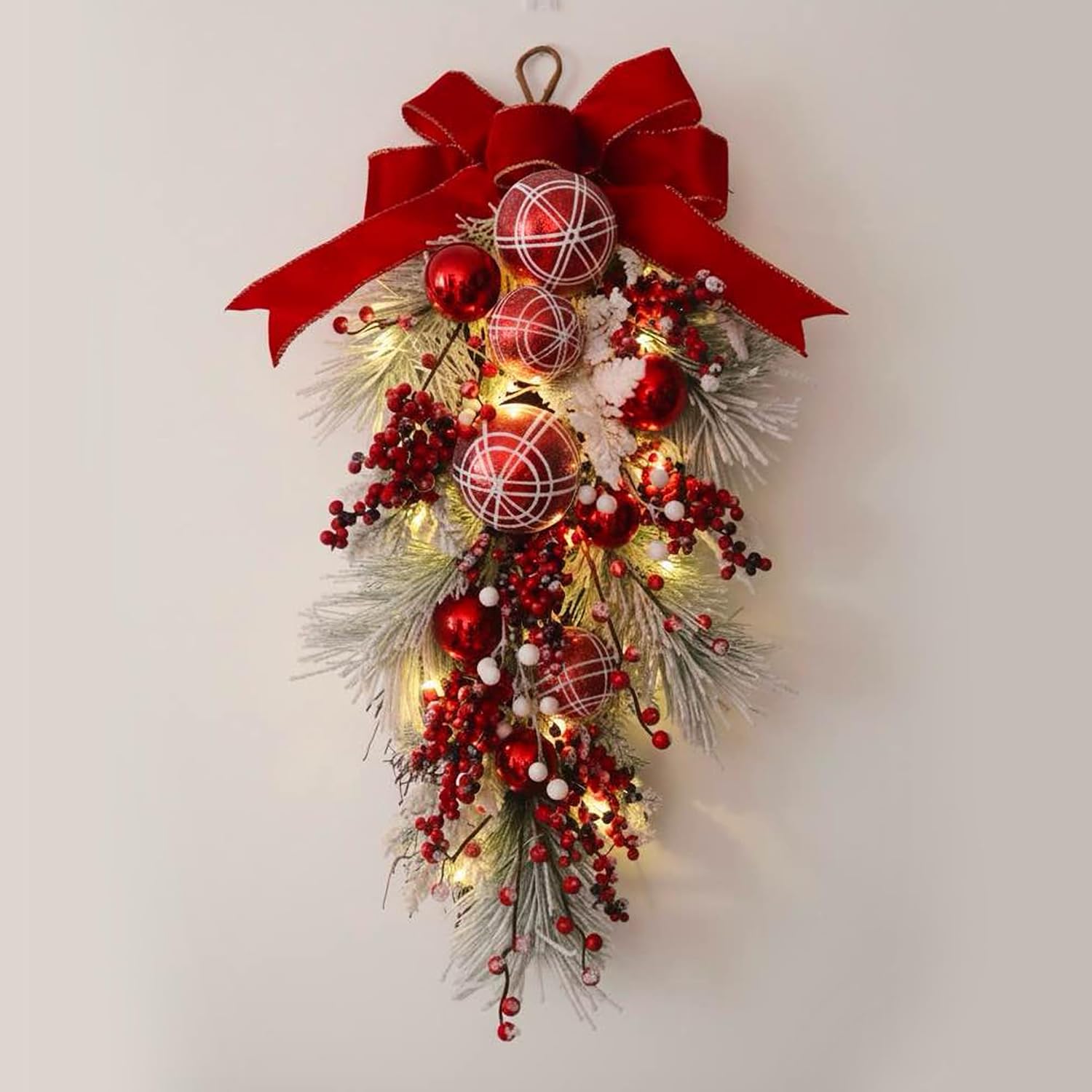 Lighted Christmas Teardrop Swag with LED Lights, Red Velvet Bow & Christmas Bells, Flocked Pine Branches with Berries, Front Door Holiday Decoration with Timer, Steady On & Flash Modes(Gold)