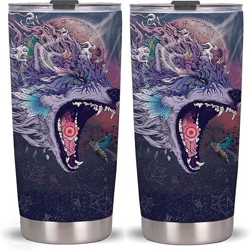 Vaso de viaje de acero inoxidable de 20 onzas con tapa y popote (vaso de baile con cabeza de lobo)