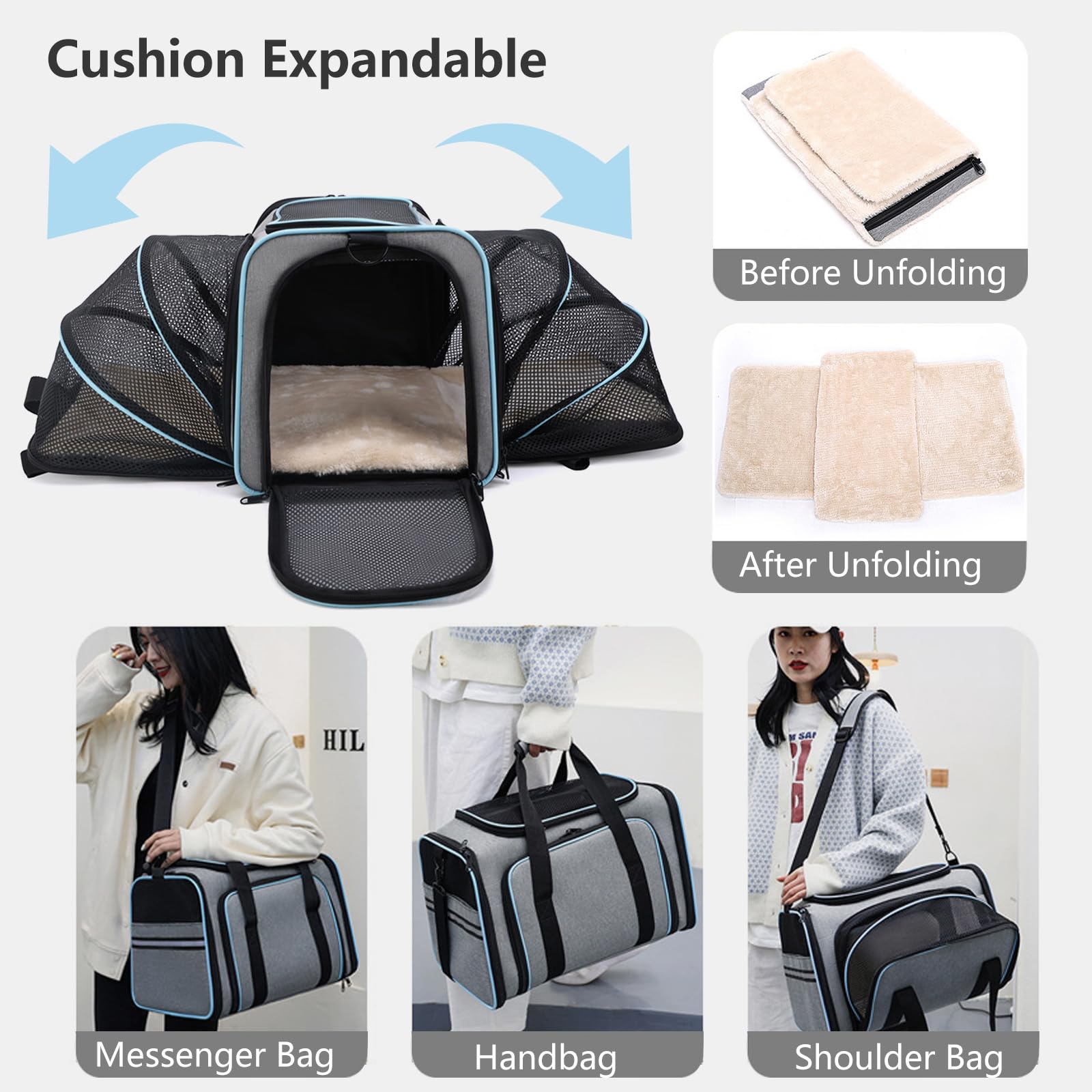 PETCUTE Transportín Gato Perro Extensible, Bolsa de Transportar Mascotas, Aprobado por aerolínea,Plegable Transportín Perro Pequeño con Colchón Suave y Hebilla de Seguridad,para Coche, Avión, Viaje