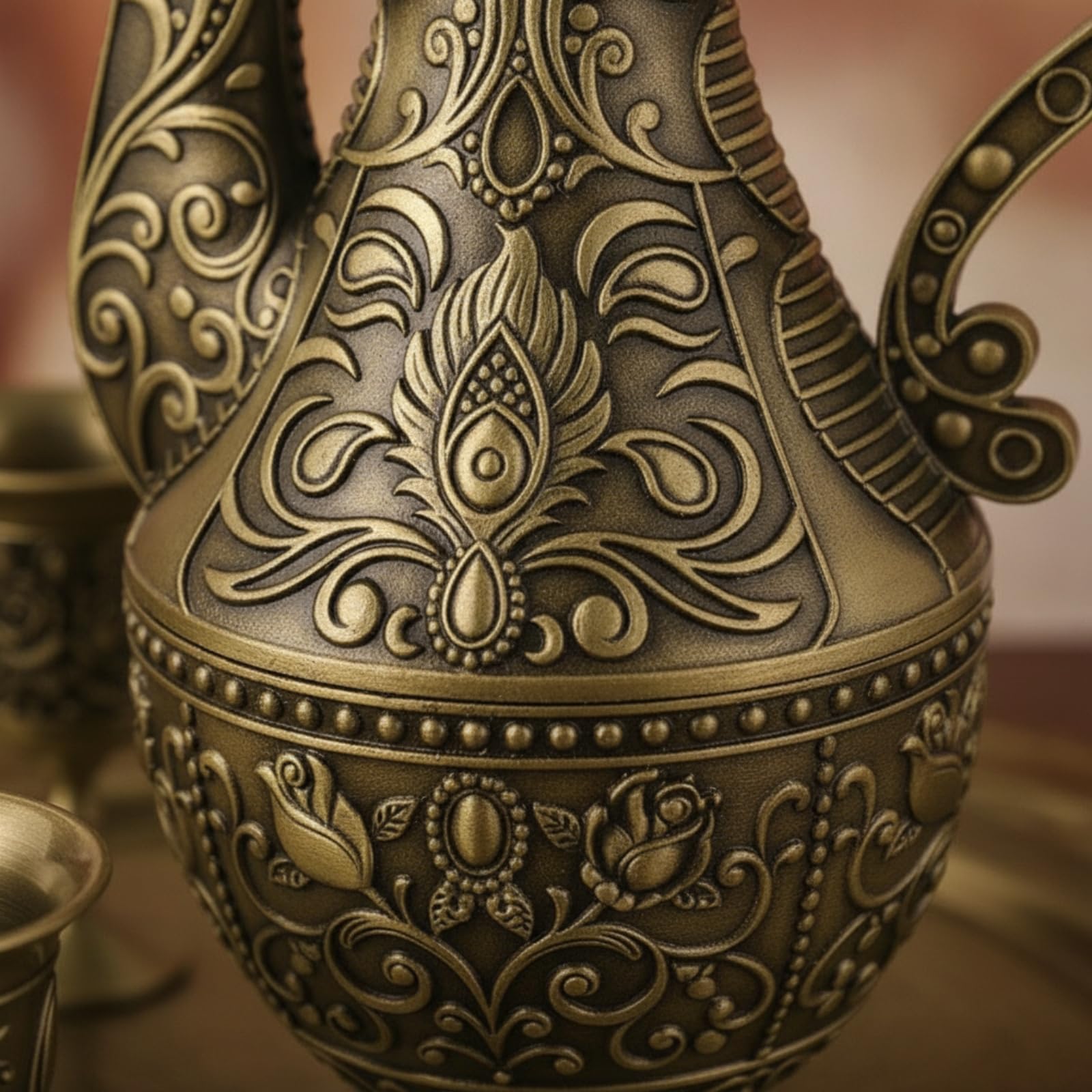 Set di Servizio Liquori Tradizionale Caraffa Brocca Bicchieri Vassoio in Metallo con Dettagli Floreali in Rilievo E Finitura Antica Adatto per, Rosa Antico Verde