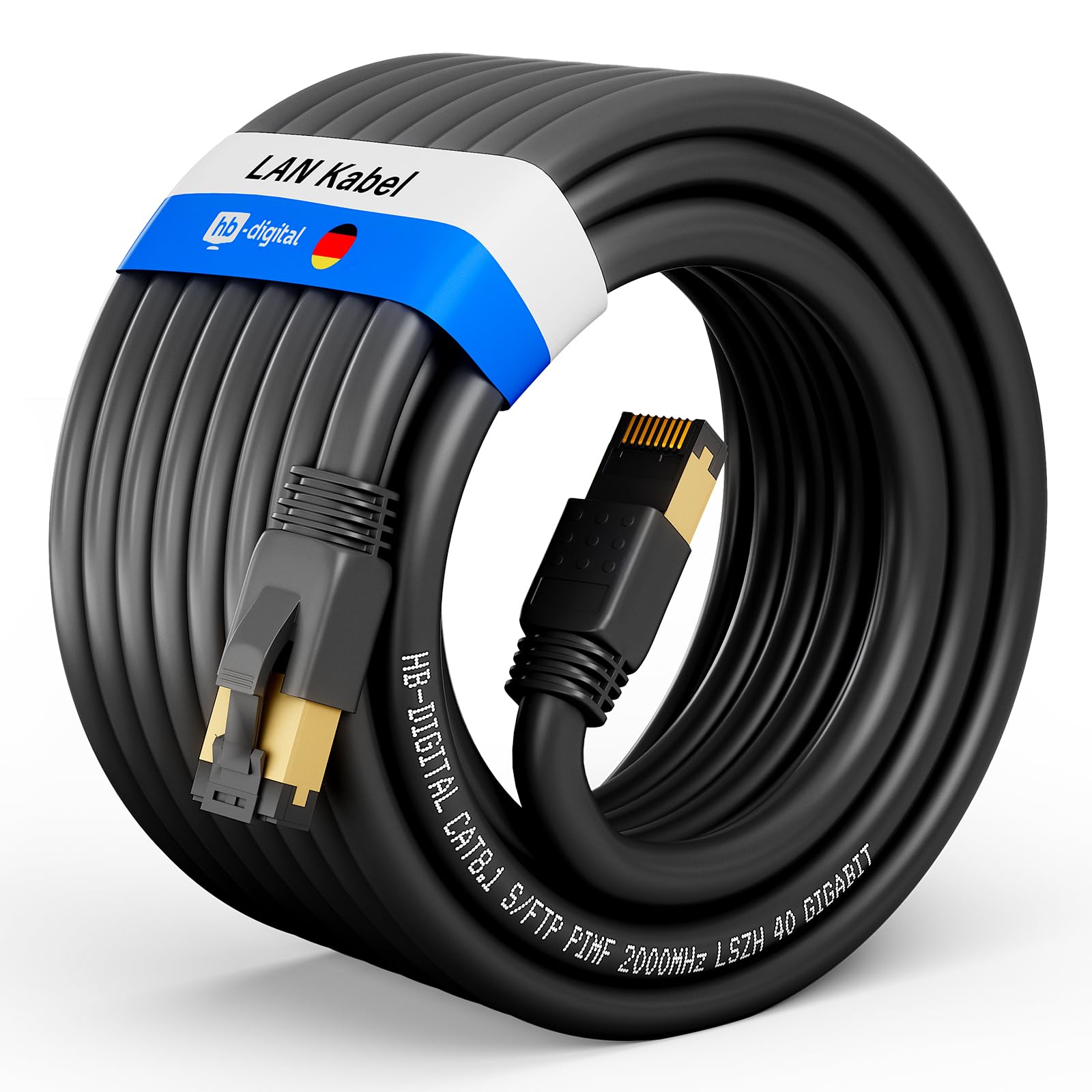 HB-Digital 10m Cable de red CAT 8.1 S/FTP LSZH negro 40 Gbps Cable de conexión LAN Gigabit RJ45 macho Ethernet PIMF 2000 MHz Compatible con Cat.6 Cat.7 Cat.8