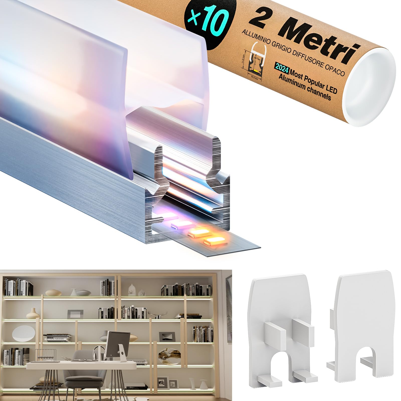 10 profili in vetro a LED in alluminio, 2 m (20 m), per strisce LED da 5 mm, profilo a LED, con profilo trasparente, 2000 x 10,9 x 11,2 mm