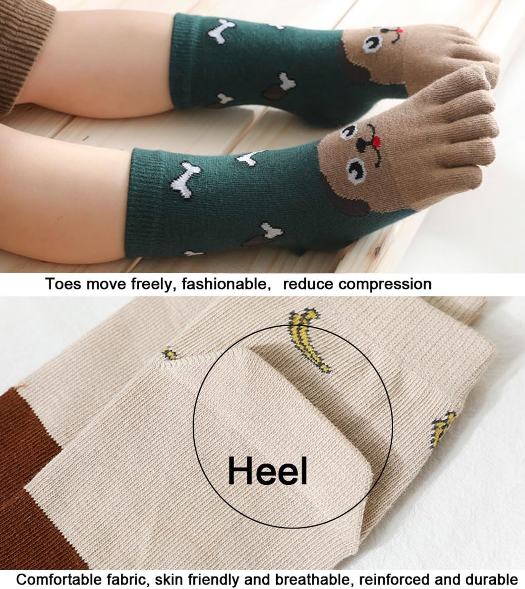 Pursuestar 2 Pairs Five Finger Toe Socks Athletic Casual Cartoon Animal Dog Cat Split Socks for Kids Boys Girls 3-12 Years