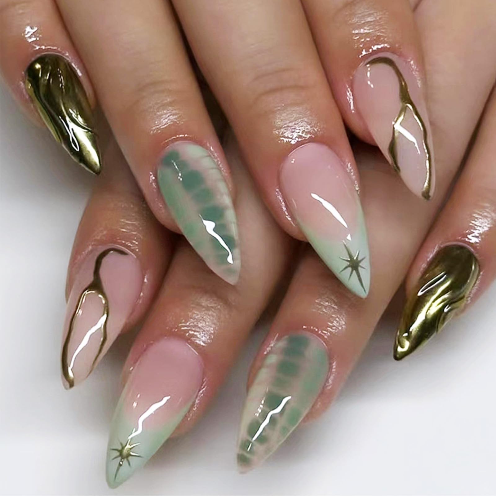 24 Pcs Green Press on Nails 3D Curve Line False Nails Glossy Gold Star Acrylic Fake Nail French Tips Gel Glue on Nail Turtle Pattern Stick on Medium