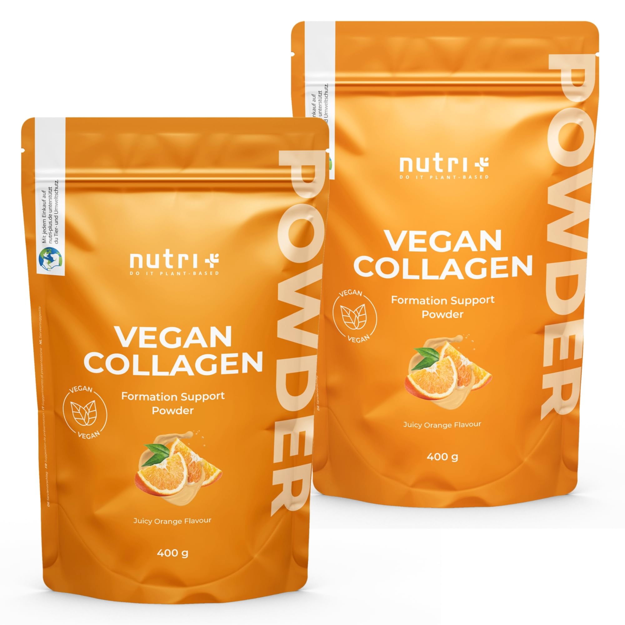 Nutri + Vegan Collagen Formation Support - Pulver zur Unterstützung der Kollagenbildung bzw. Kollagen Peptiden - mit Hyaluronsäure - 400 g Orange