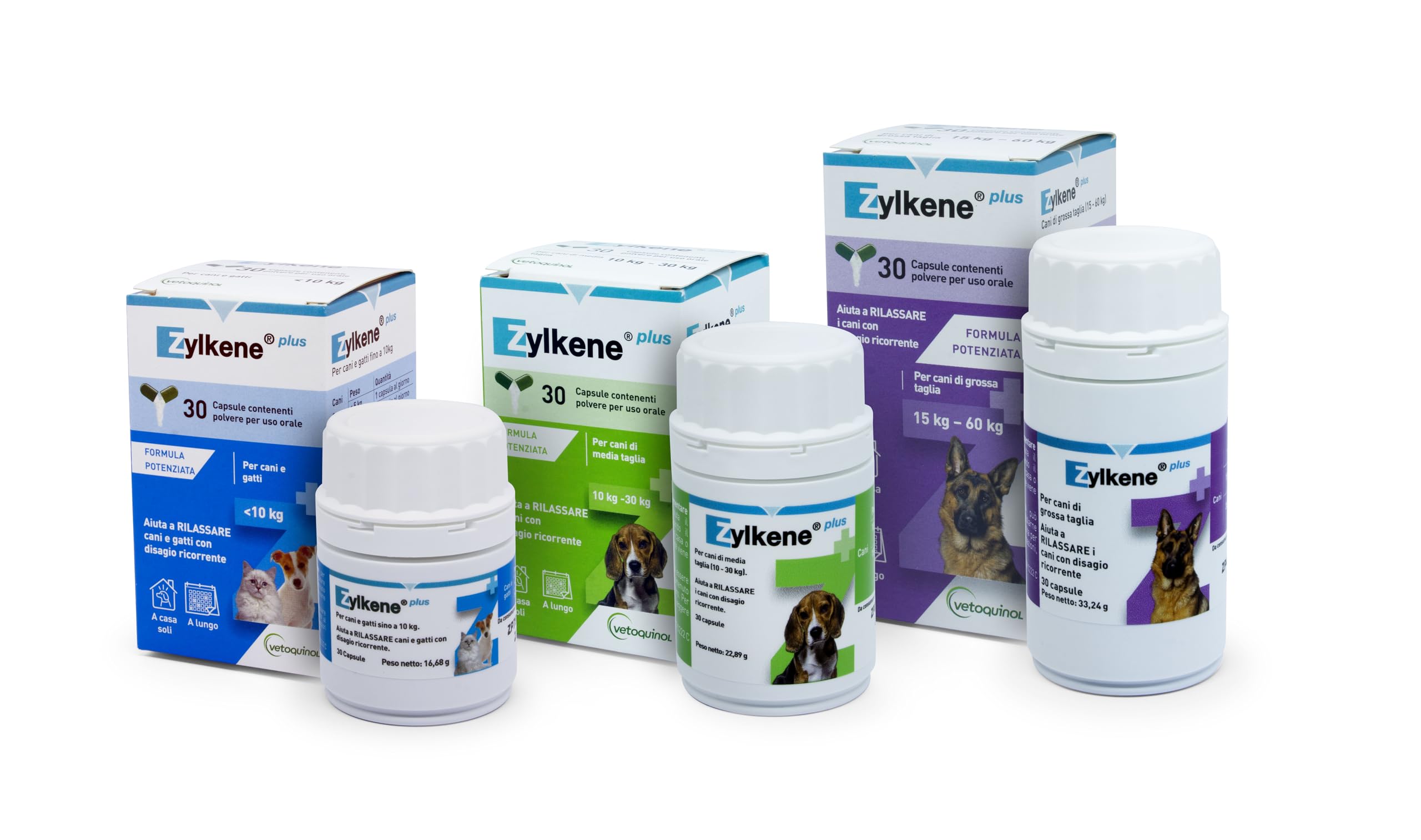 Zylkene Plus Mangime Complementare | Cani di taglia grande (15-60 kg) 450 mg | Promuove il rilassamento nelle situazioni di disagio nel lungo termine: Soli a casa, Nuovi animali e neonati | 30 capsule