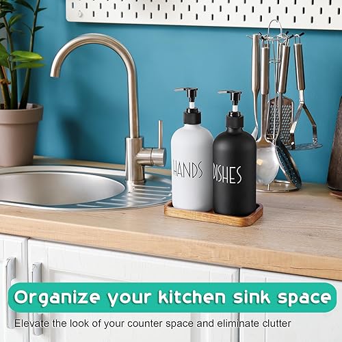 Miniatura 4 de ALELION Dispensador de jabón para platos de vidrio para cocina, juego de dispensador de jabón de manos de 16 onzas con bomba y bandeja de madera de