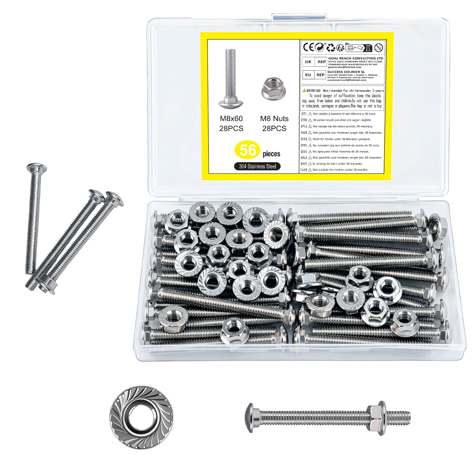 28 Pcs M6 Coach Bolts and Nuts Set, Carriage Bolts, M6 x 60 mm Stainless Steel Square Head Boltss, Coach Screws Set, with 28 Pcs Hex Nuts