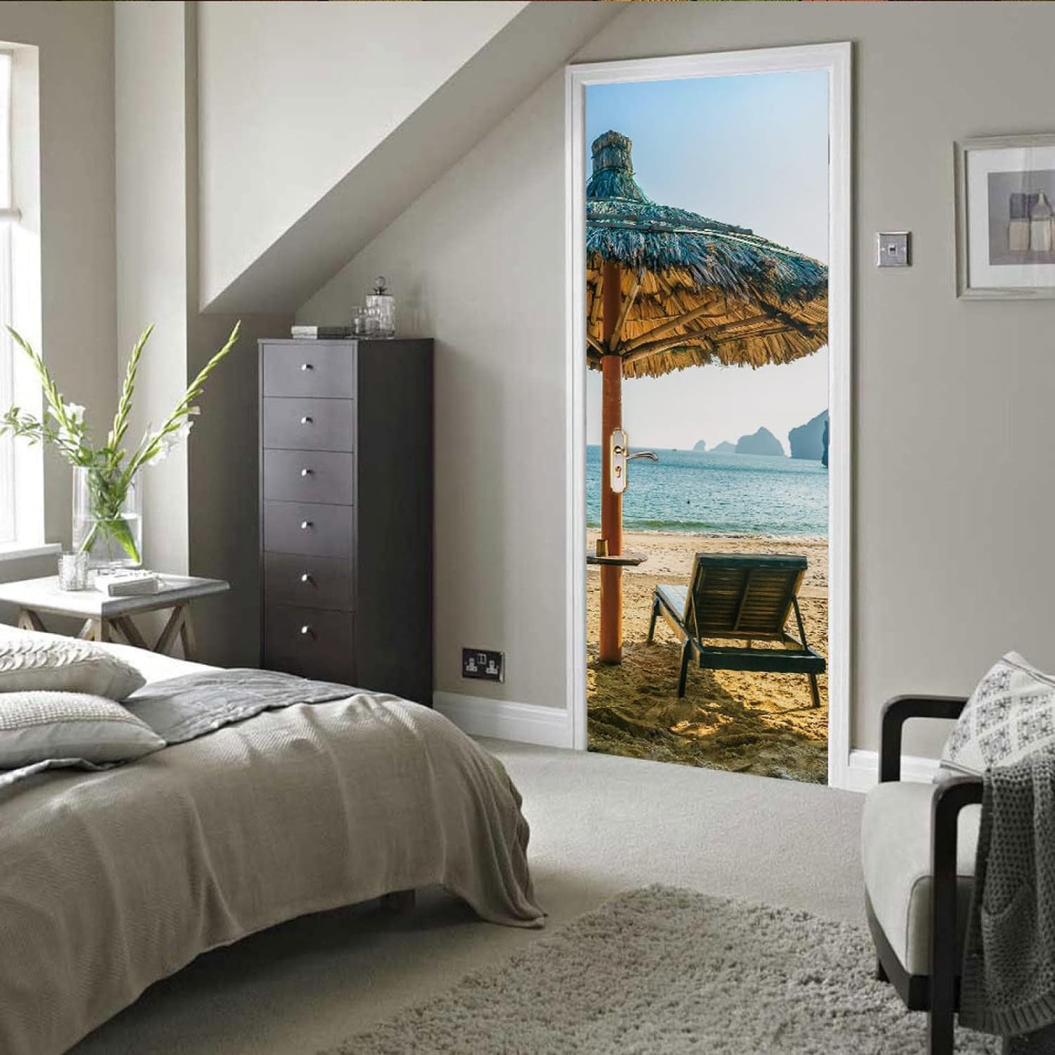 Fykjgs Modern Beach Door Stickers for Interior Doors Sea View 3D Door Decals Art Sticker Self Adhesive Door Murals for Bedrooms Living Room Bathroom Home Decor G162?95x215 cm?