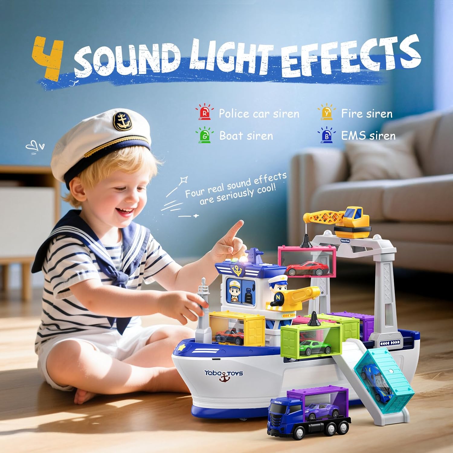 Cargo Boat Toys for 3 4 5 6 Year Old Boys Kids, Toy Boat and Crane Playset with 18 Pcs Die-Cast Cars, 8 Containers, 4 Sound and LED Light, Ideas Birthday Gifts for 3 4 5 6 Year Old Boys