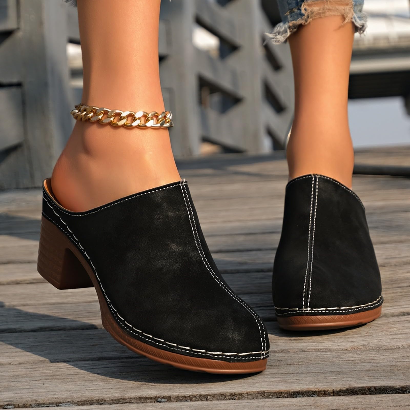 Generisch Sommer Clogs Damen, Pantoletten Damen Sommer Blockabsatz