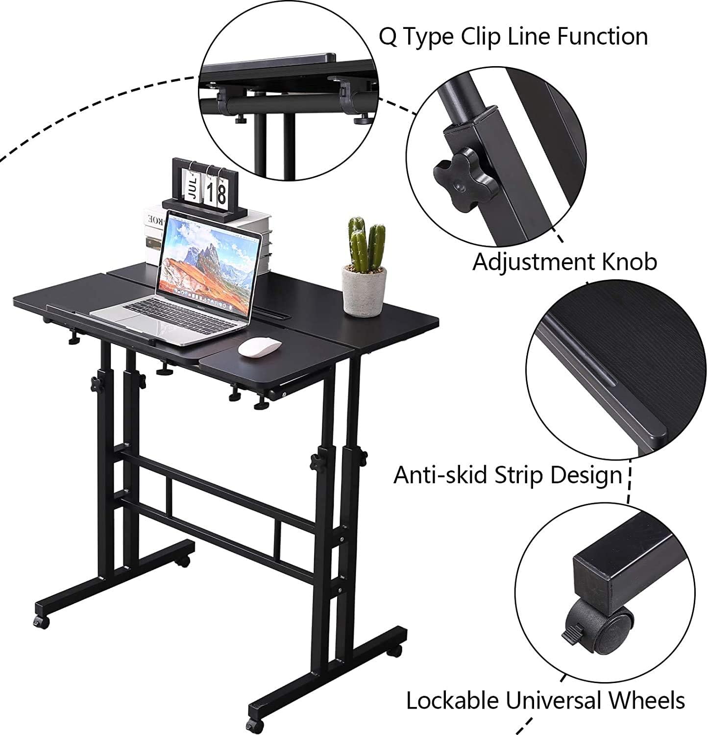 C/N Height Adjustable Rolling Desk Mobile Stand Up Desk with Wheels, Home Office Computer Workstation Desk, Table Laptop Cart for Standing or Sitting