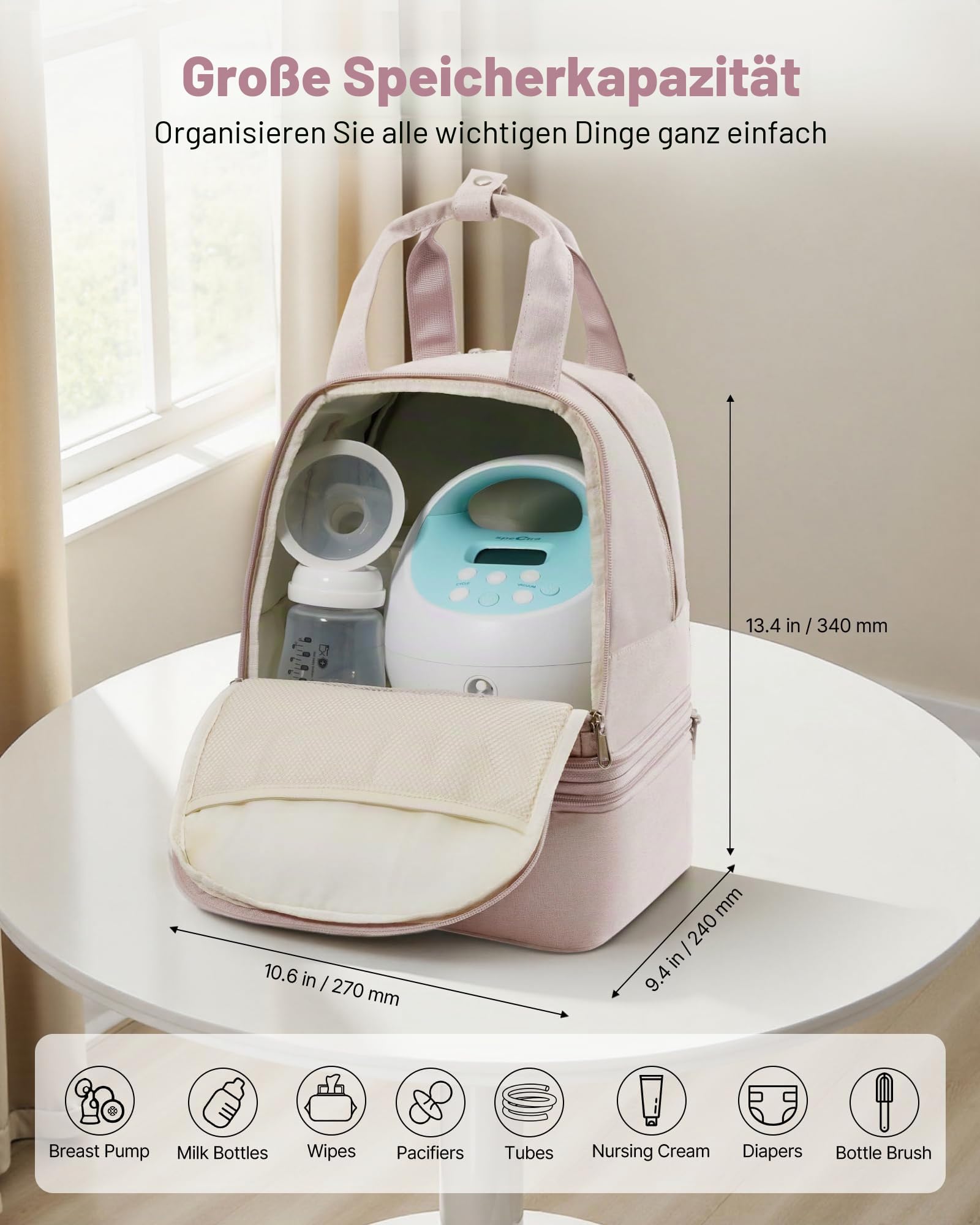 VEVOR Milchpumpen-Rucksack, 270x240x340 mm, mit Kühlakku, passend für S1/S2, Pumpzubehör & Muttermilchaufbewahrung, Wickel Rucksack für Arbeit, Reisen & Familiengebrauch, Hellrosa