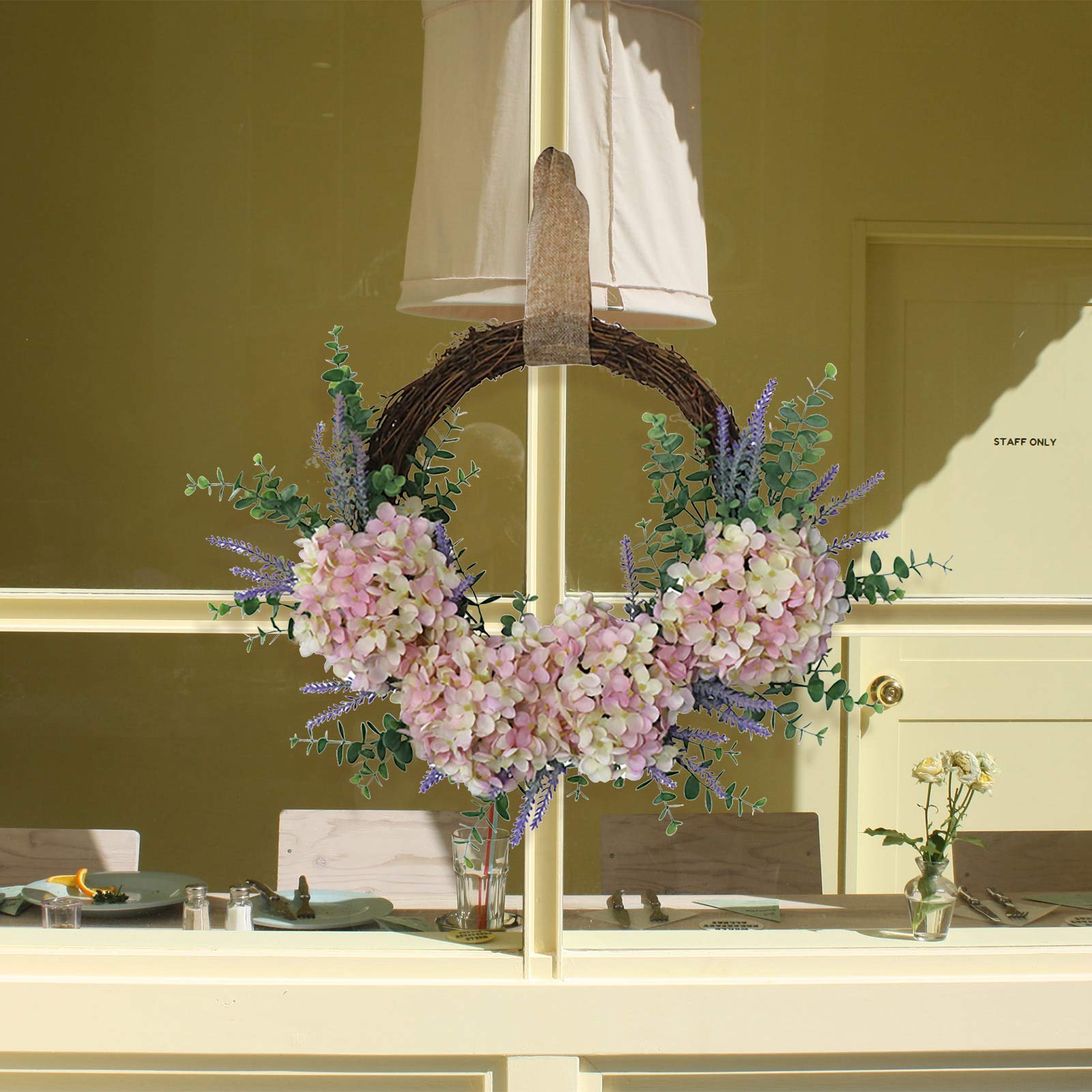 Corona di ortensia primaverile in seta rosa, 45 cm, per decorazione della casa e dell'esterno, per occasioni quotidiane